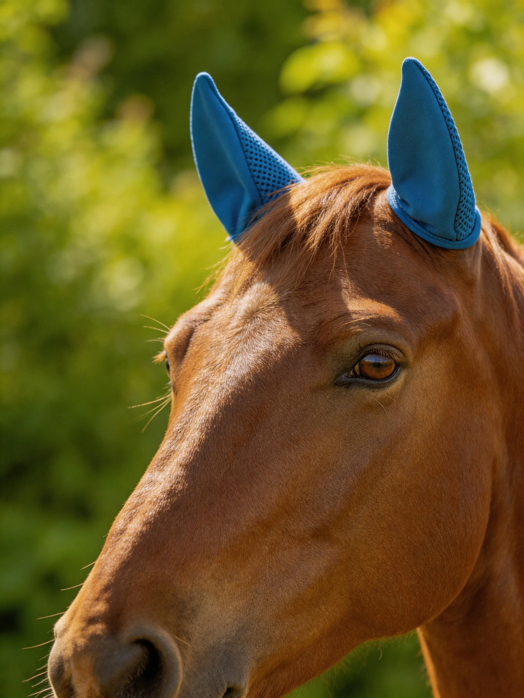 A chestnut horse wearing bright blue ear covers in a sunlit outdoor setting
