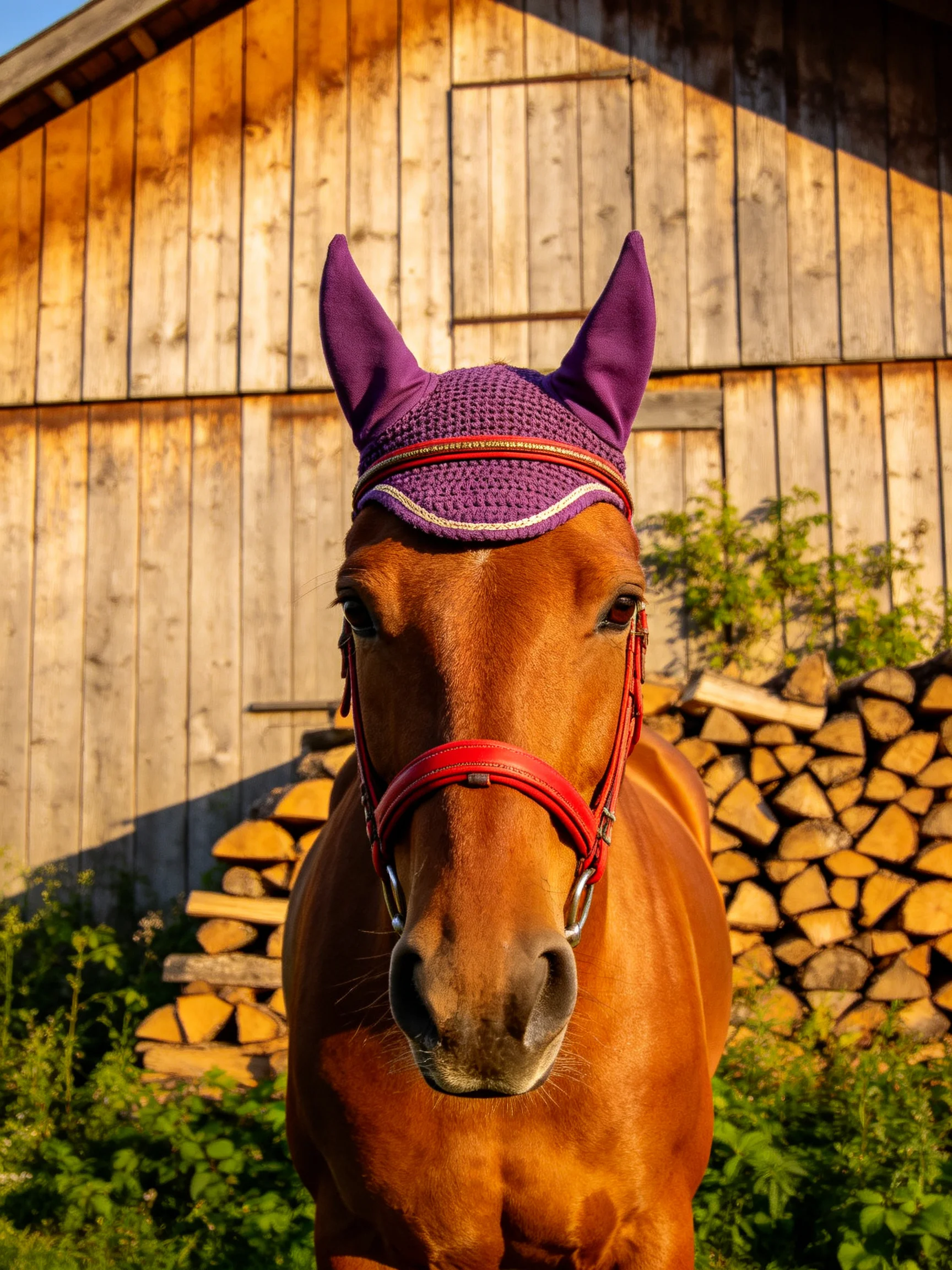 A chestnut horse wearing purple ear covers near a wooden barn