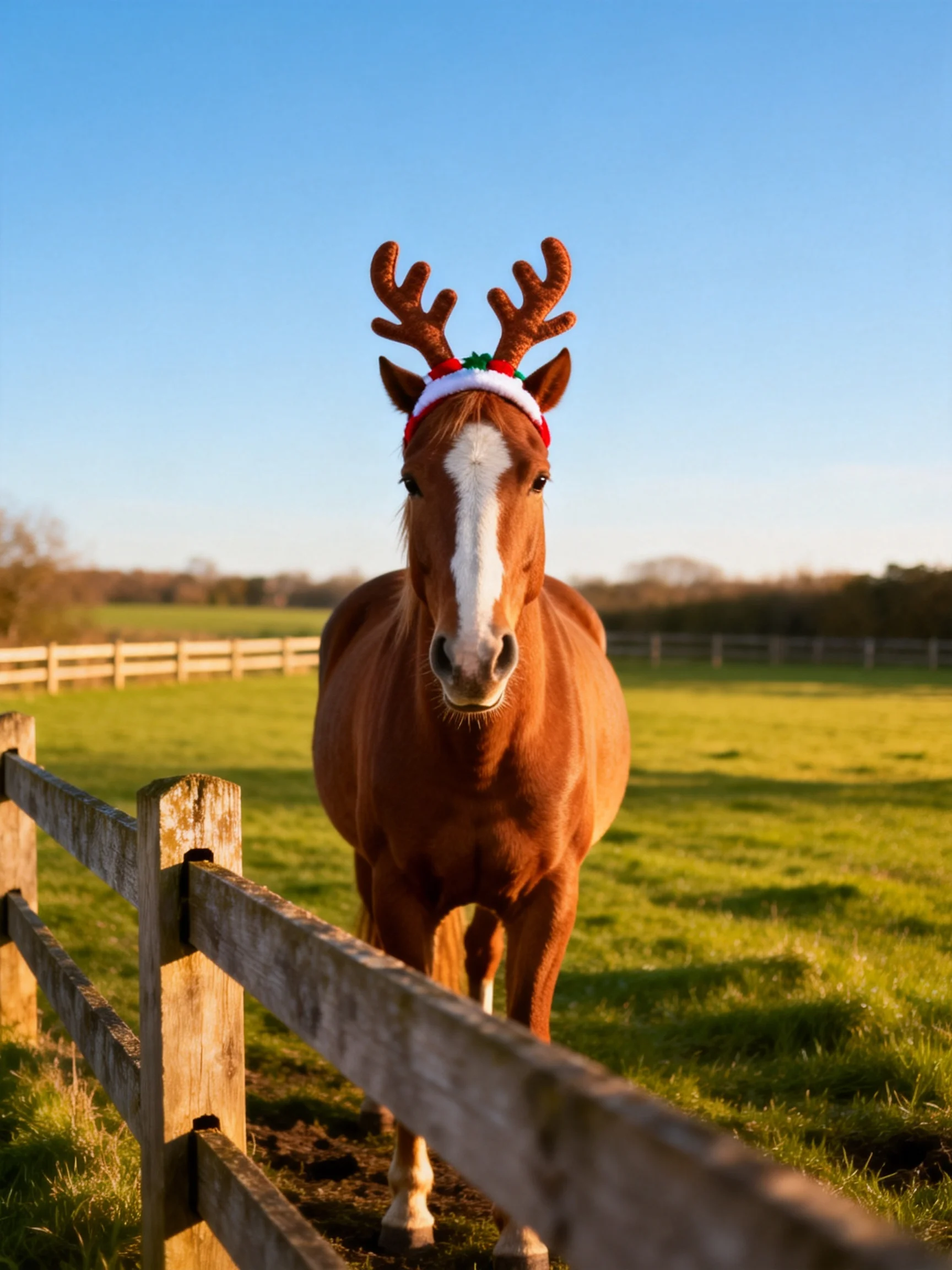 A chestnut horse wearing reindeer antlers in a sunlit pasture