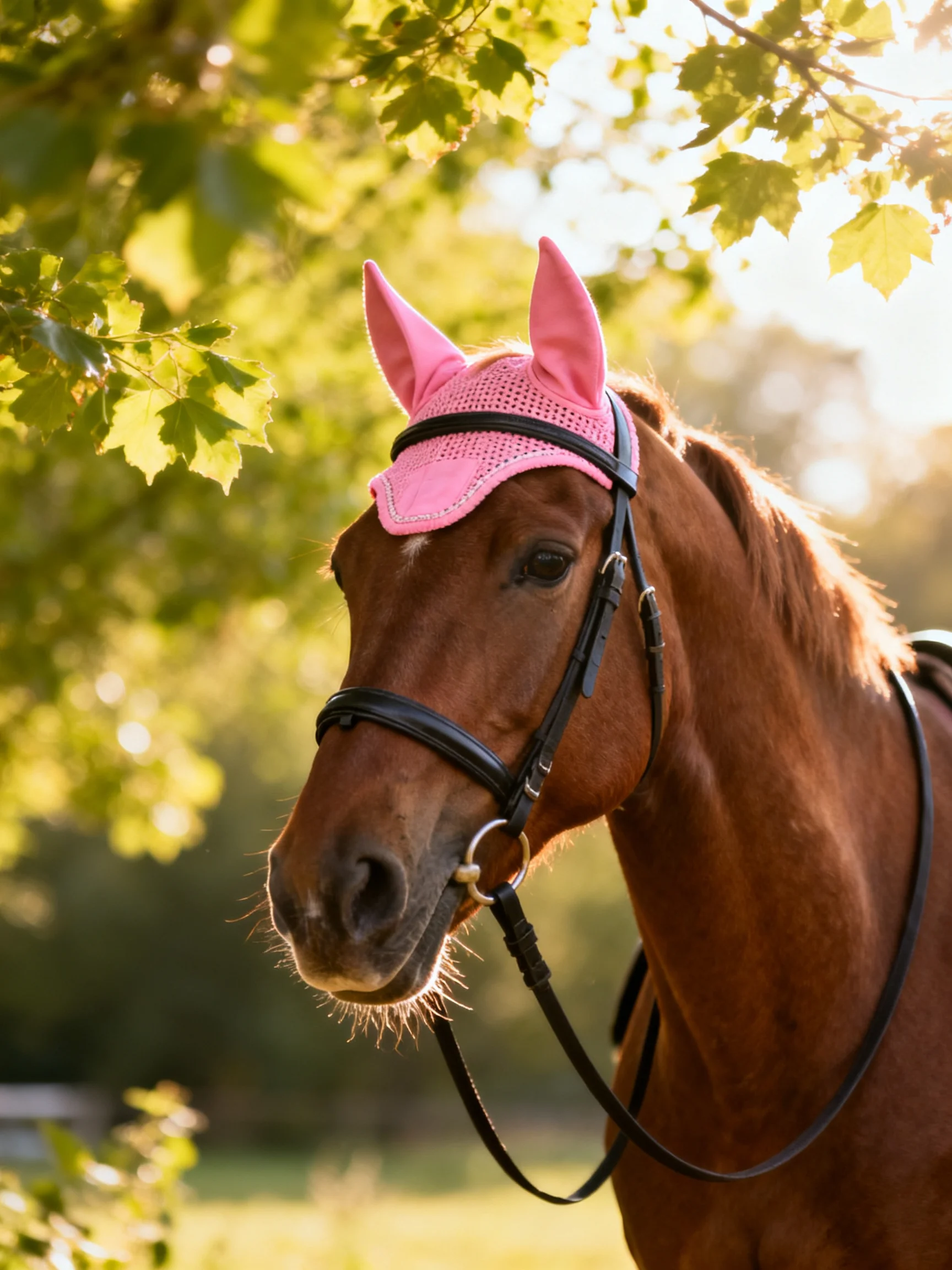 A chestnut horse wears a bright pink ear bonnet amid green foliage