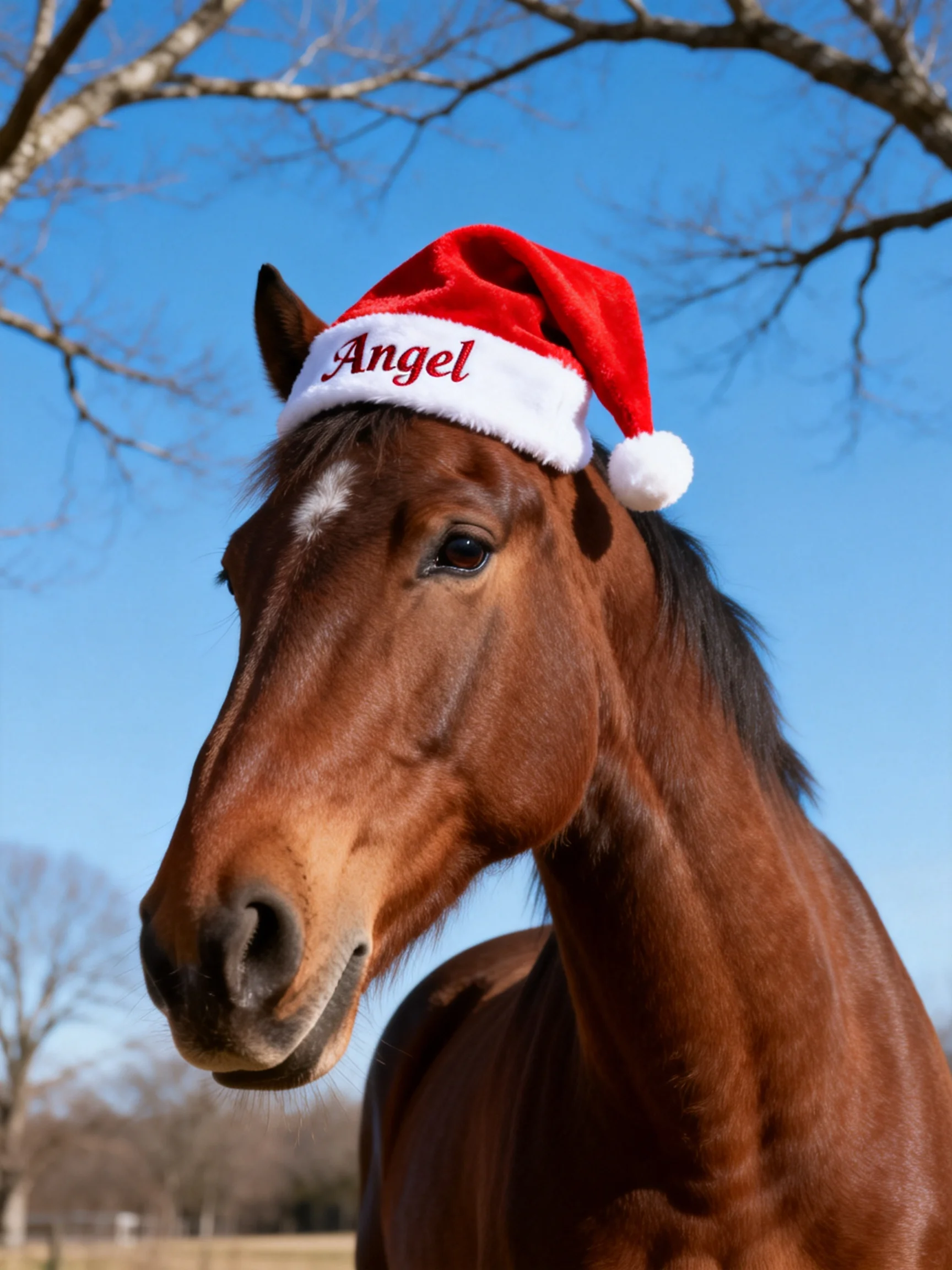 A chestnut horse wears a red Santa hat labeled Angel under a clear blue sky