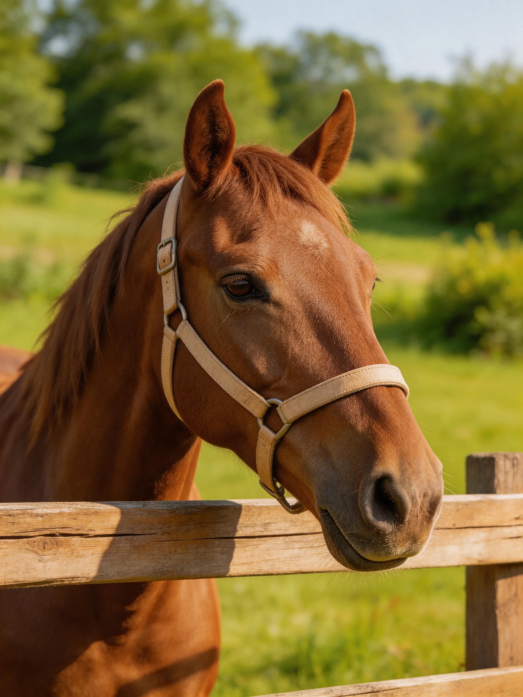 A chestnut horse with a beige halter near a wooden fence in a green pasture