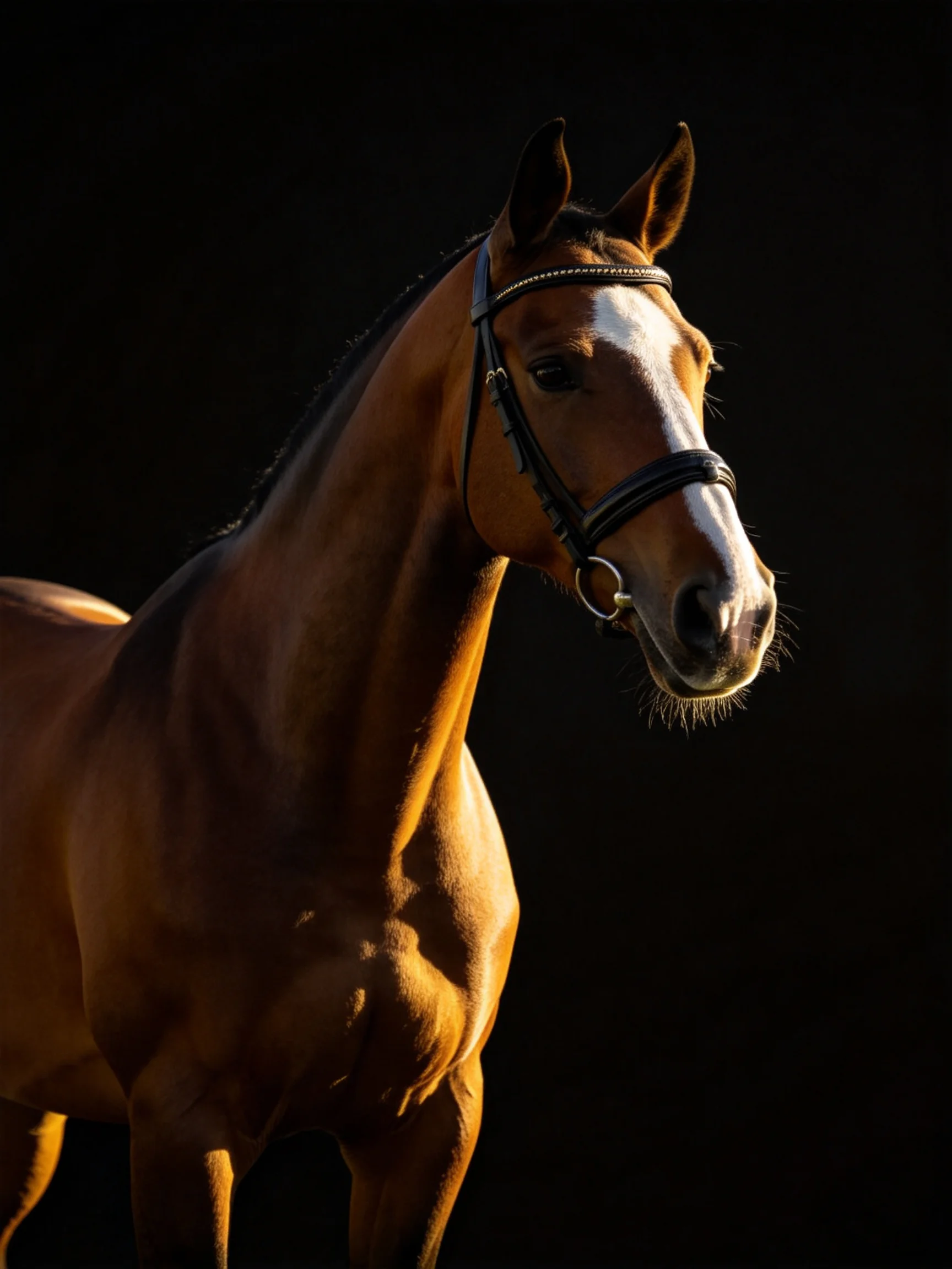 A chestnut horse with a black bridle against a dark backdrop