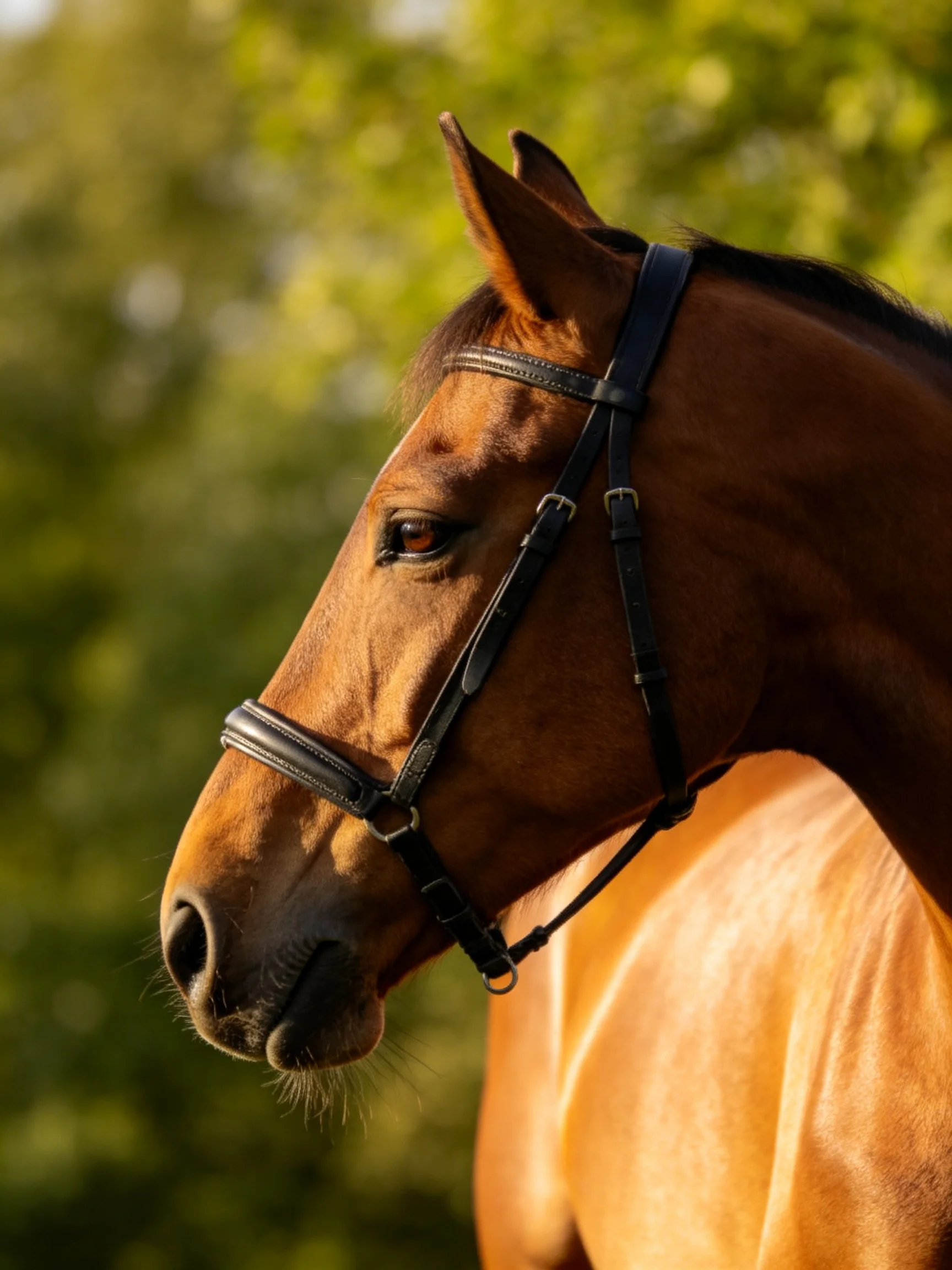 A chestnut horse with a black bridle amid greenery