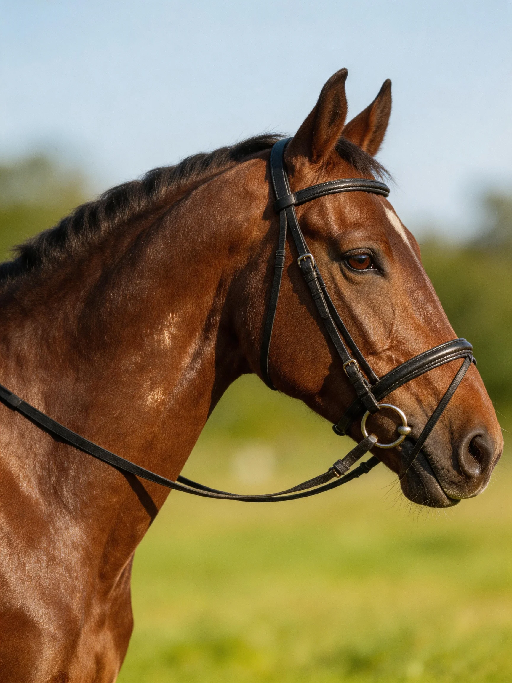 A chestnut horse with a black bridle in a sunlit field
