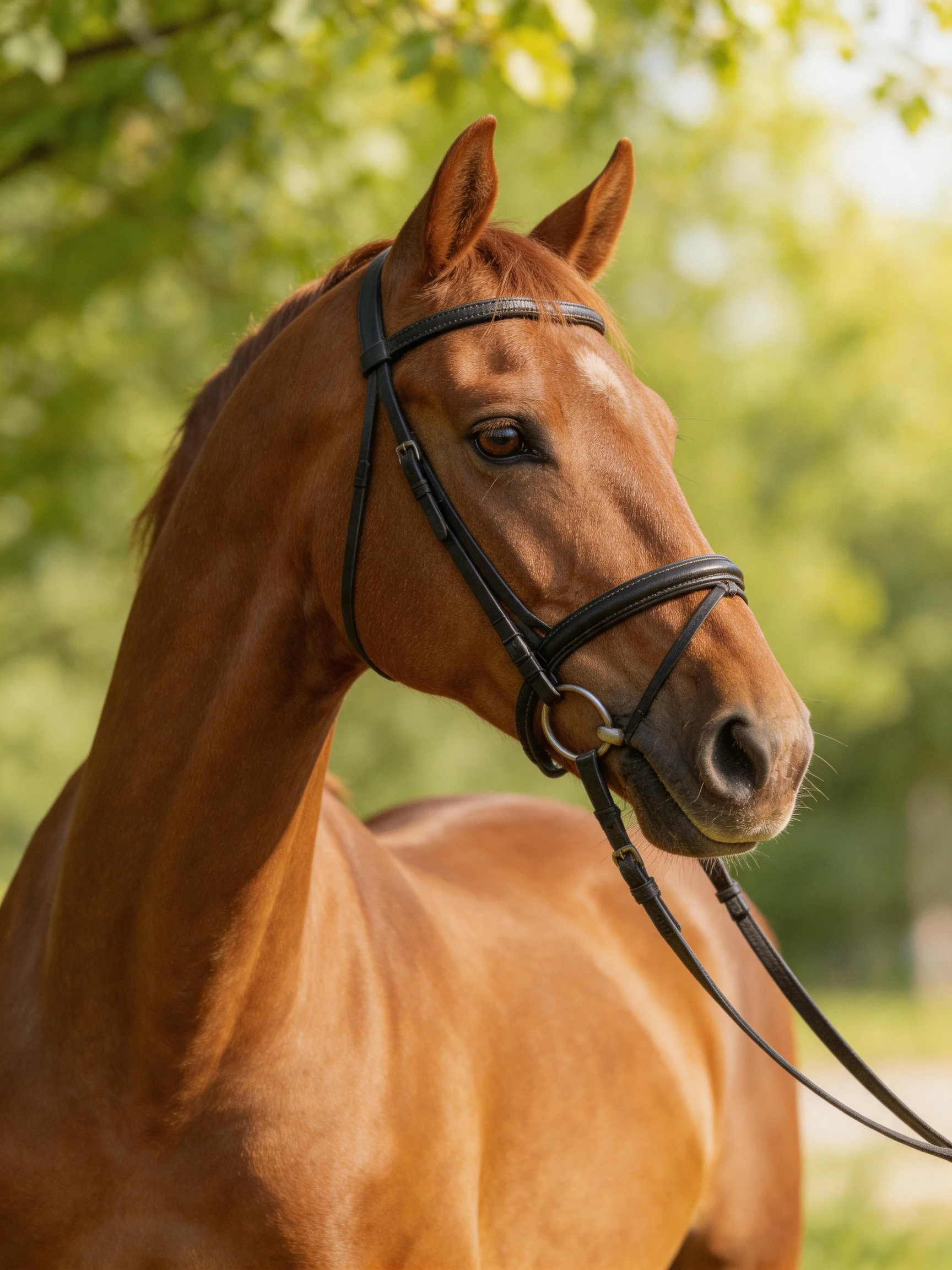 A chestnut horse with a black bridle stands calmly amid green foliage.