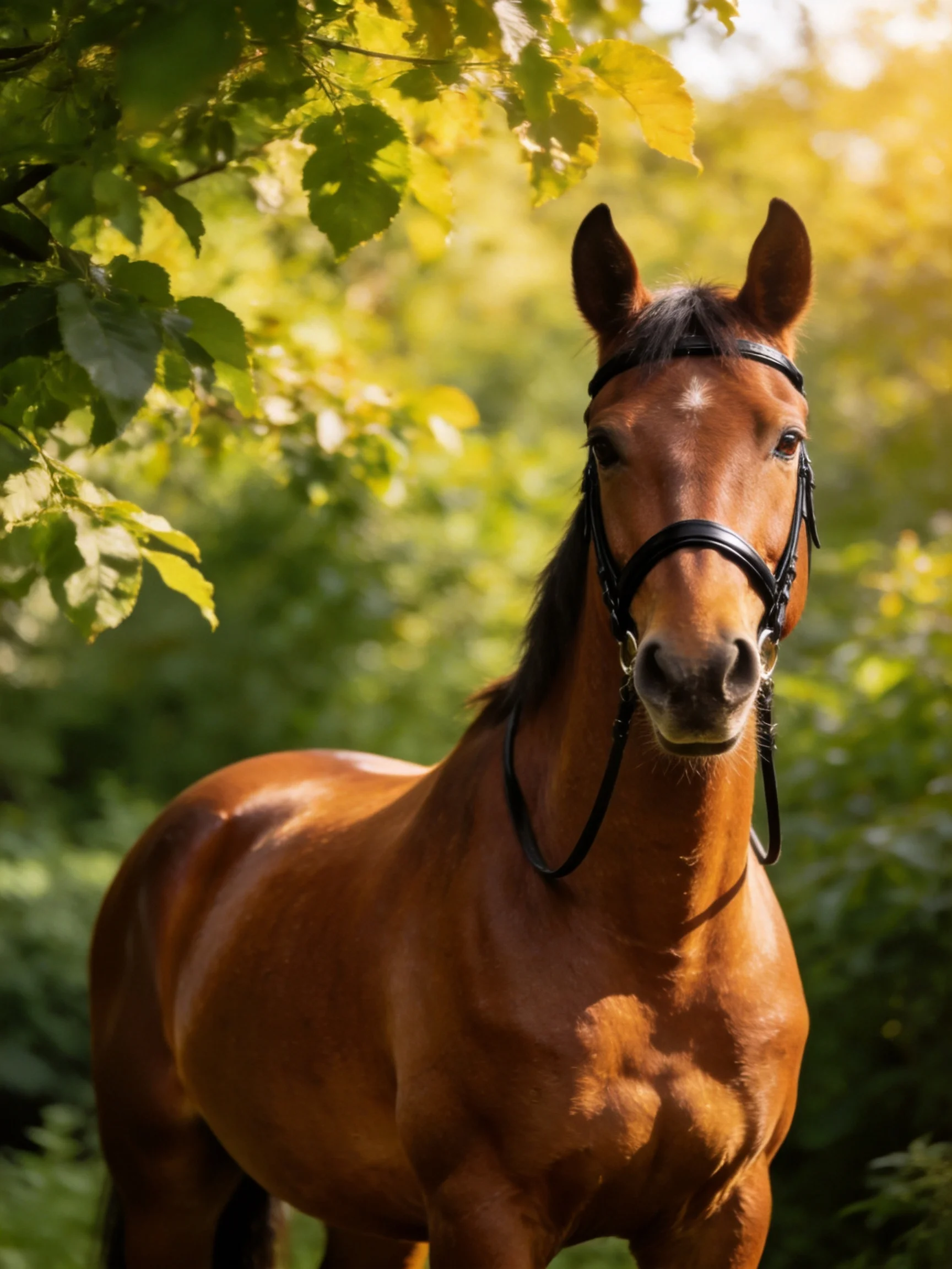 A chestnut horse with a black bridle stands among lush green foliage