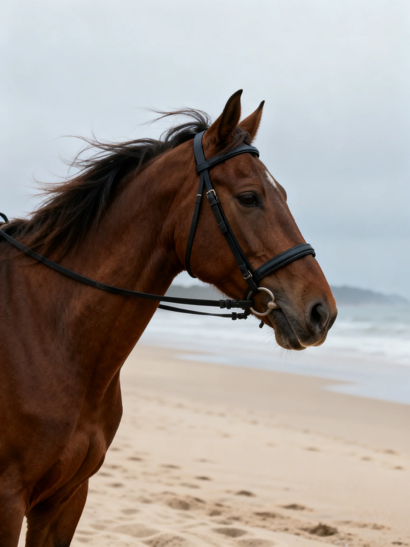 A chestnut horse with a black bridle stands on a sandy beach by the ocean