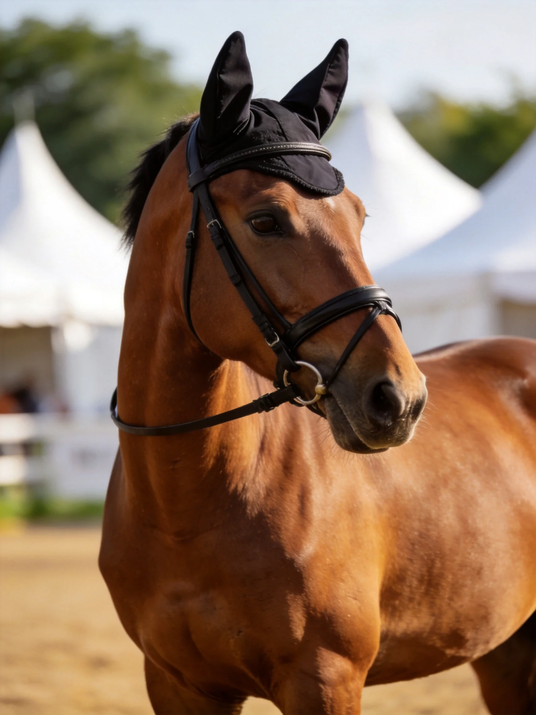 A chestnut horse with a black ear cover near white tents