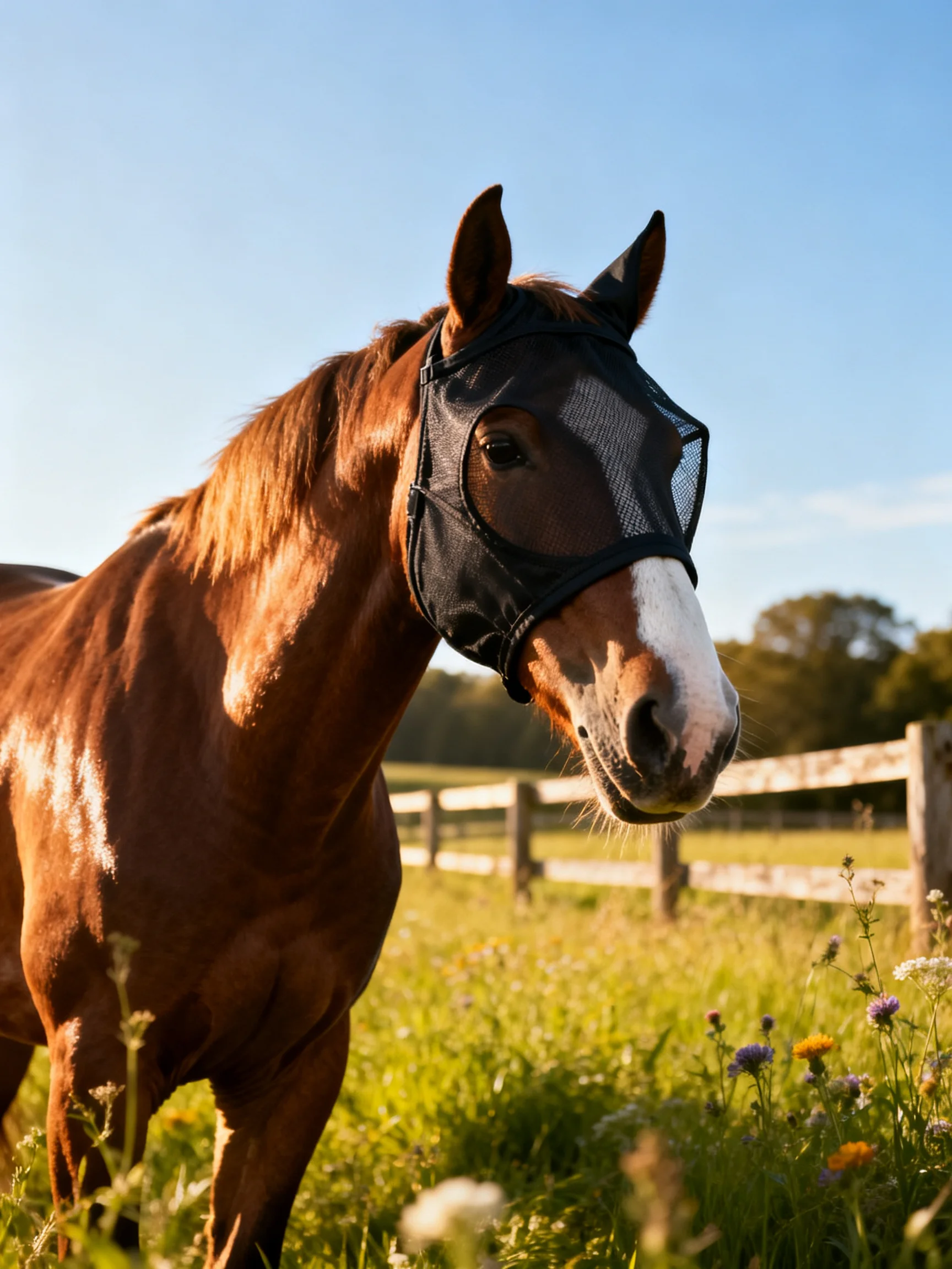 A chestnut horse with a black fly mask stands in a sunlit meadow near a wooden fence.