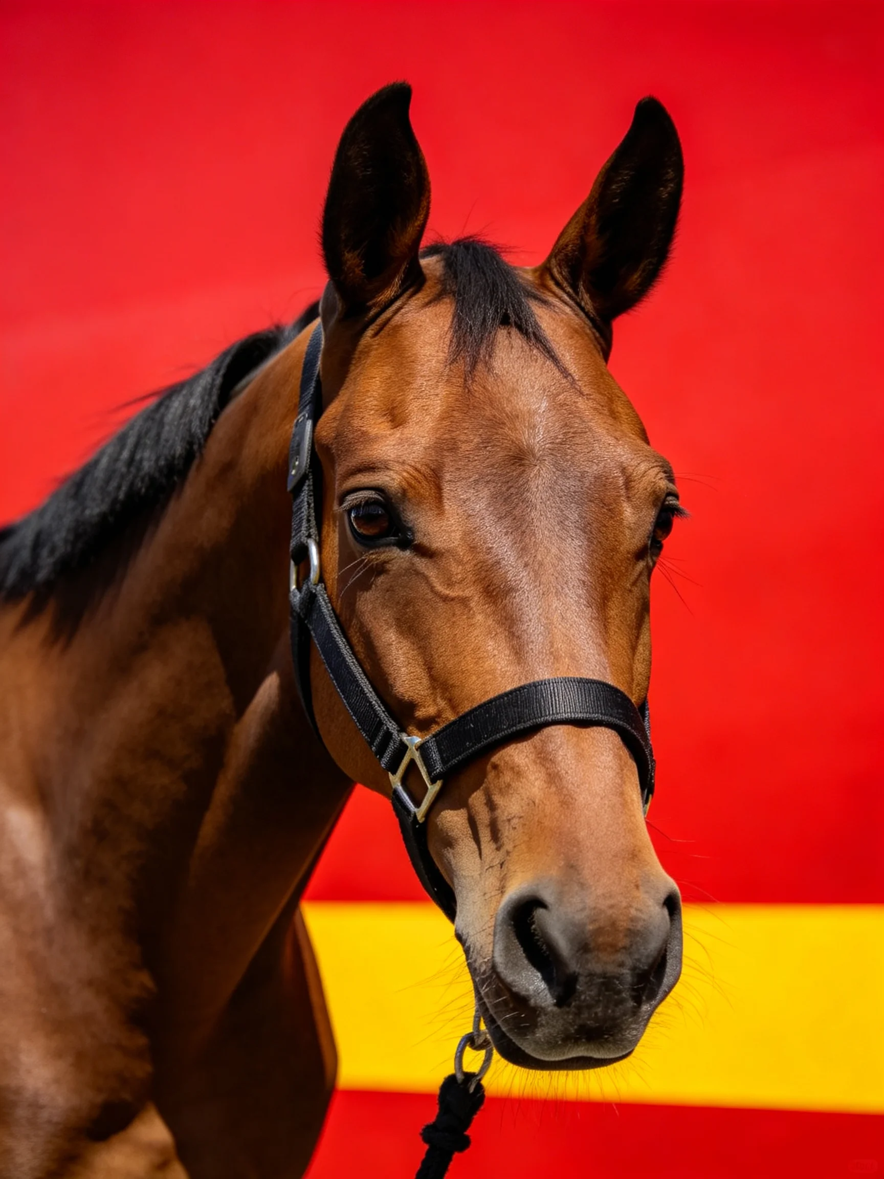 A chestnut horse with a black halter stands before a bold red and yellow backdrop.