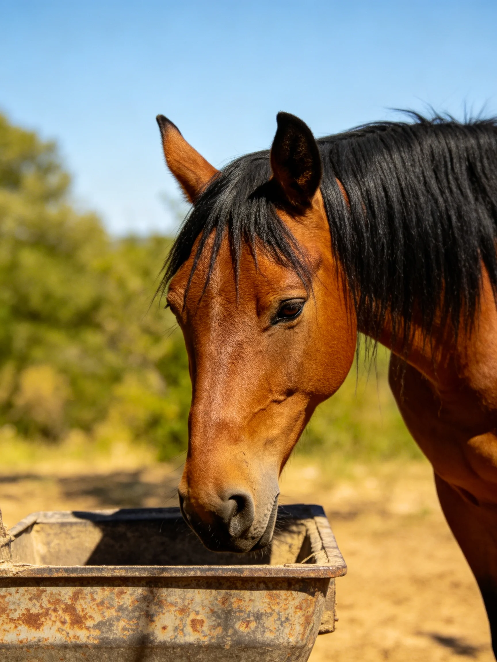 A chestnut horse with a black mane drinks from a weathered metal trough