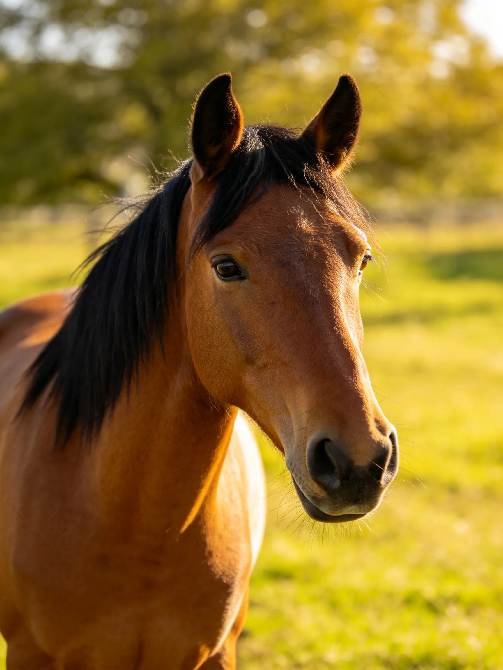 A chestnut horse with a black mane in a sunlit green pasture