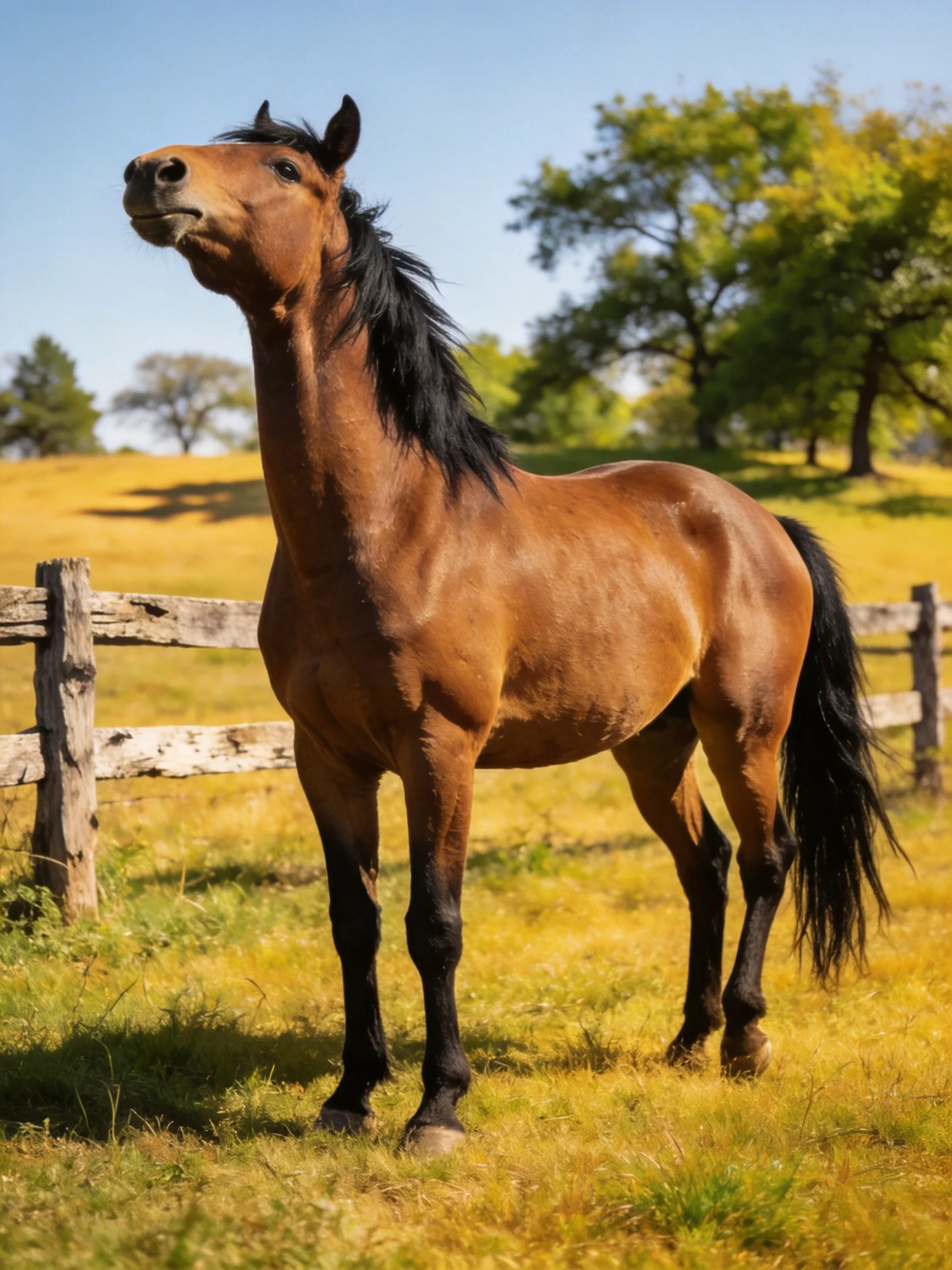 A chestnut horse with a black mane in a sunlit pasture