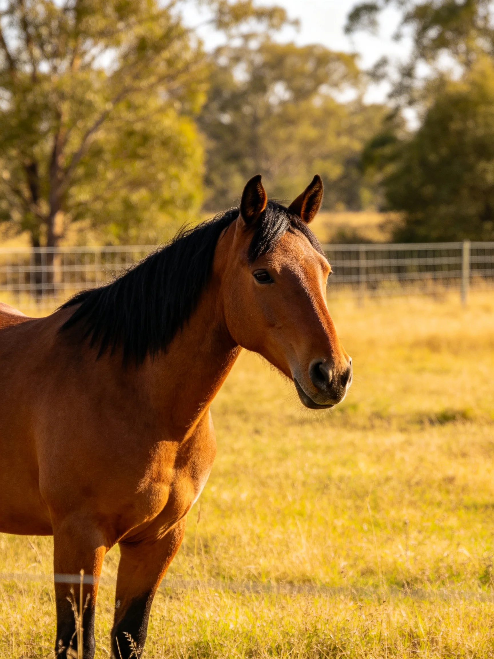 A chestnut horse with a black mane in a sunlit pasture