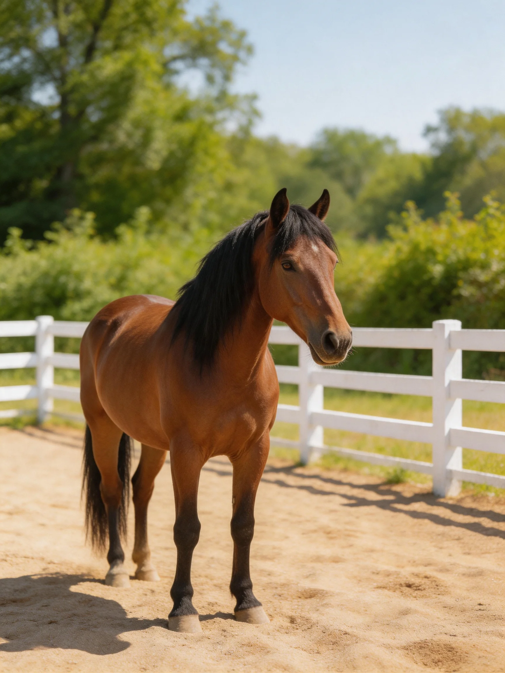 A chestnut horse with a black mane near a white fence