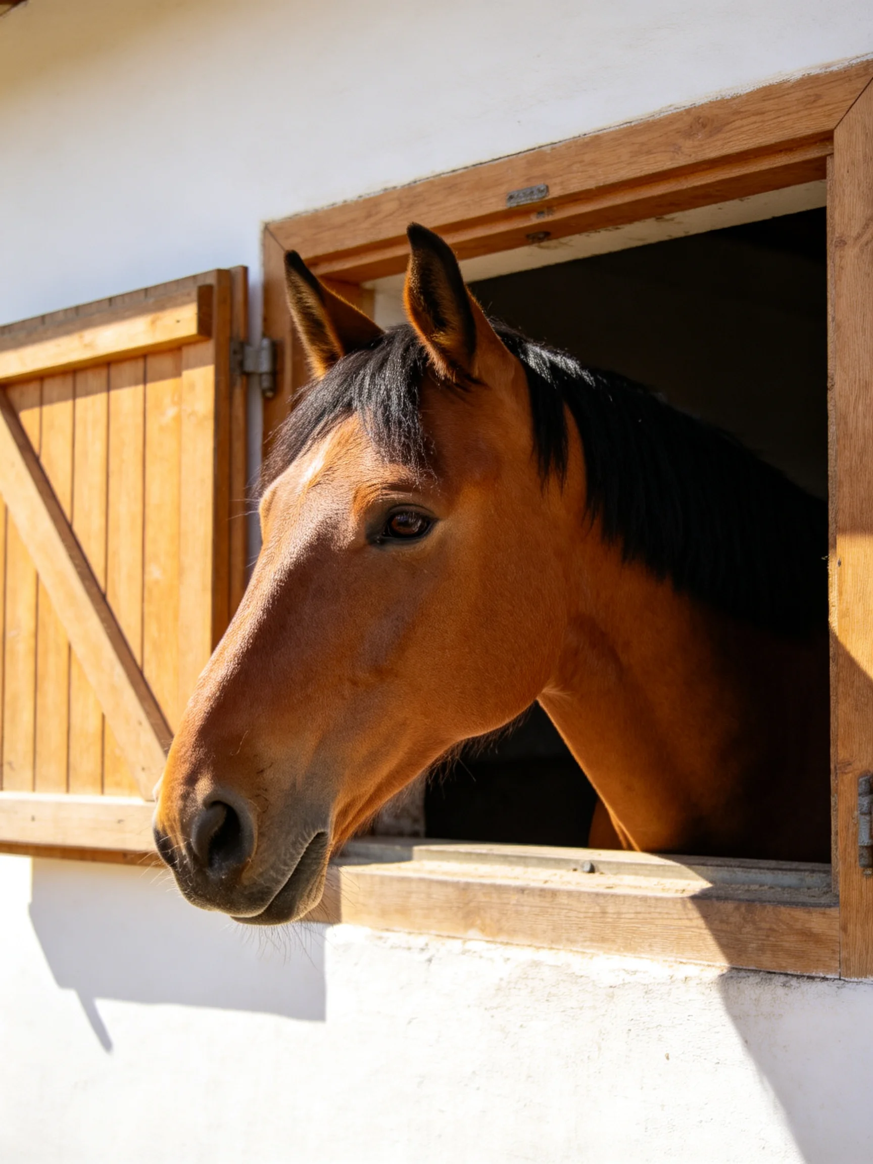 A chestnut horse with a black mane peers from an open wooden stable window