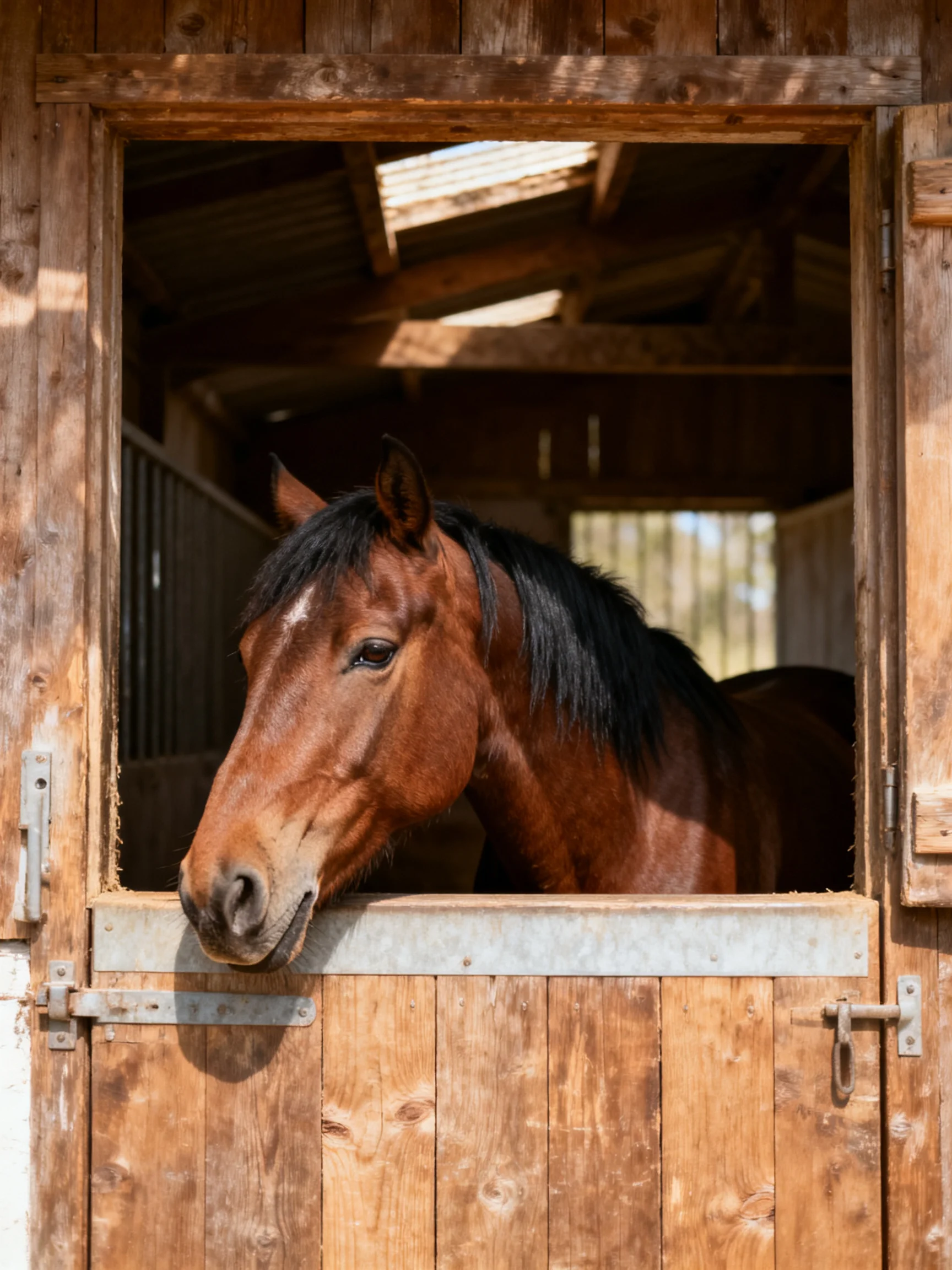 A chestnut horse with a black mane rests near a weathered wooden stable door
