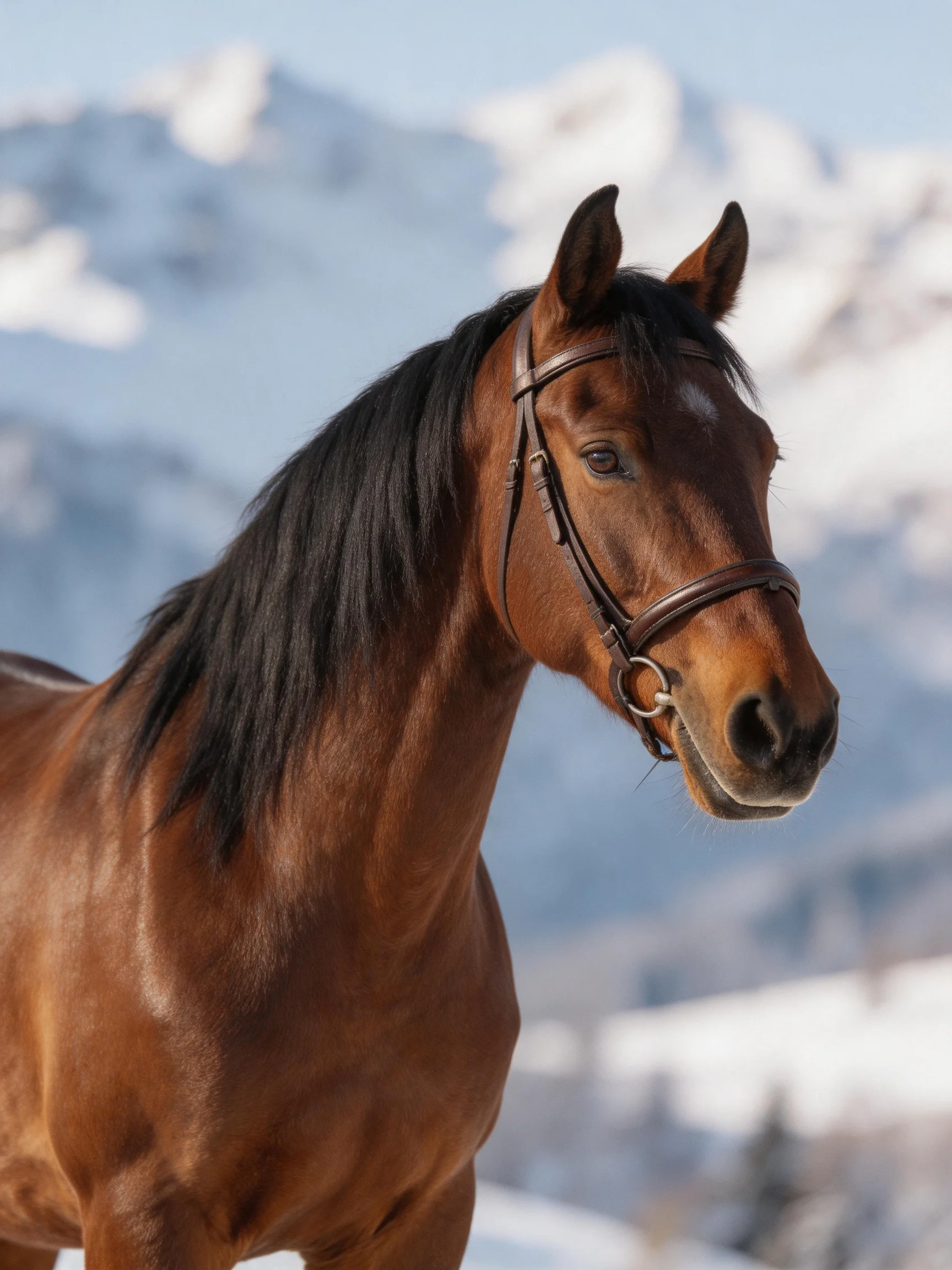 A chestnut horse with a black mane stands before snow-capped mountains