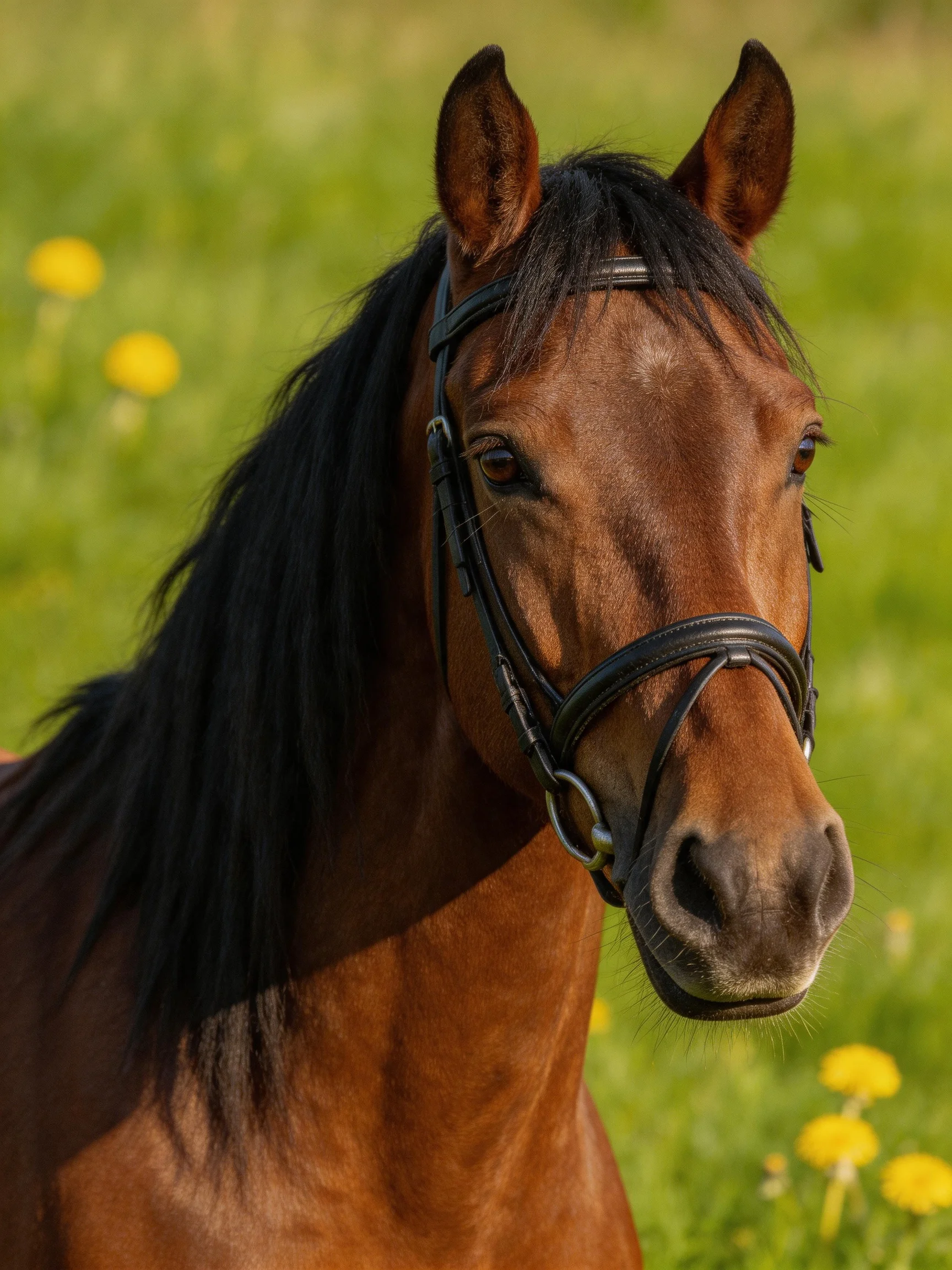 A chestnut horse with a black mane stands in a green meadow with yellow flowers