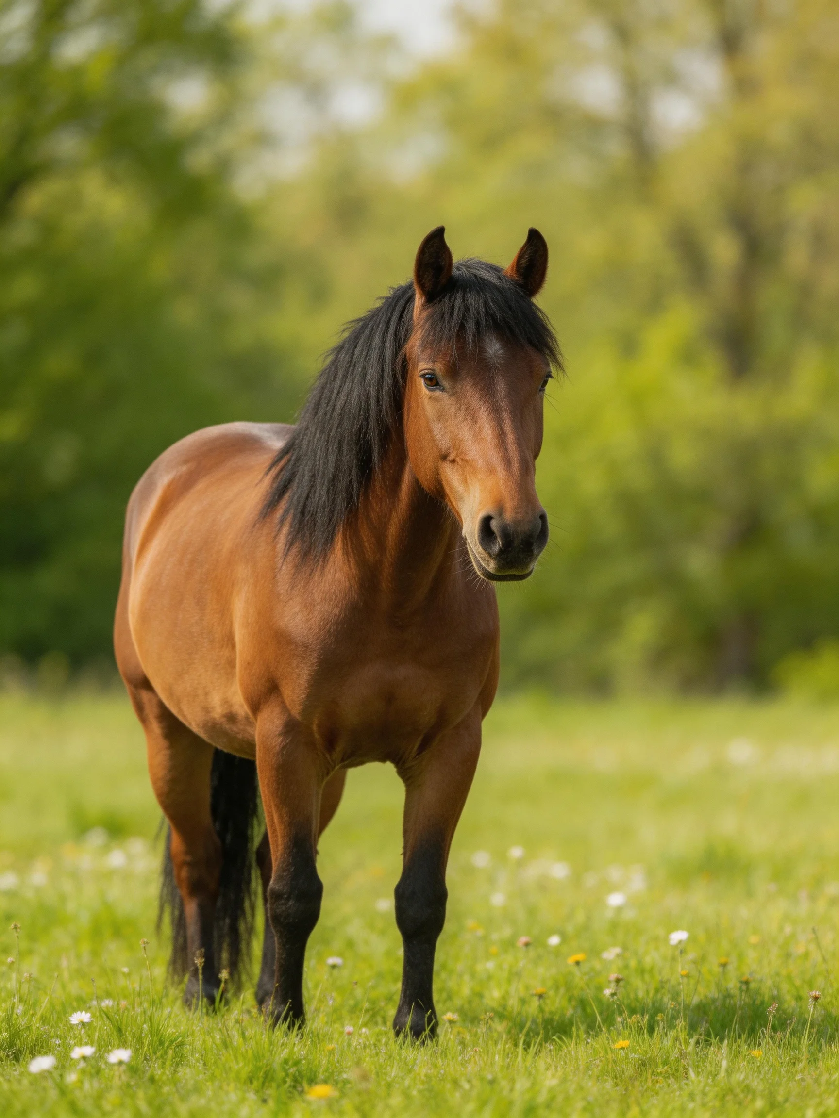 A chestnut horse with a black mane stands in a lush green meadow near trees