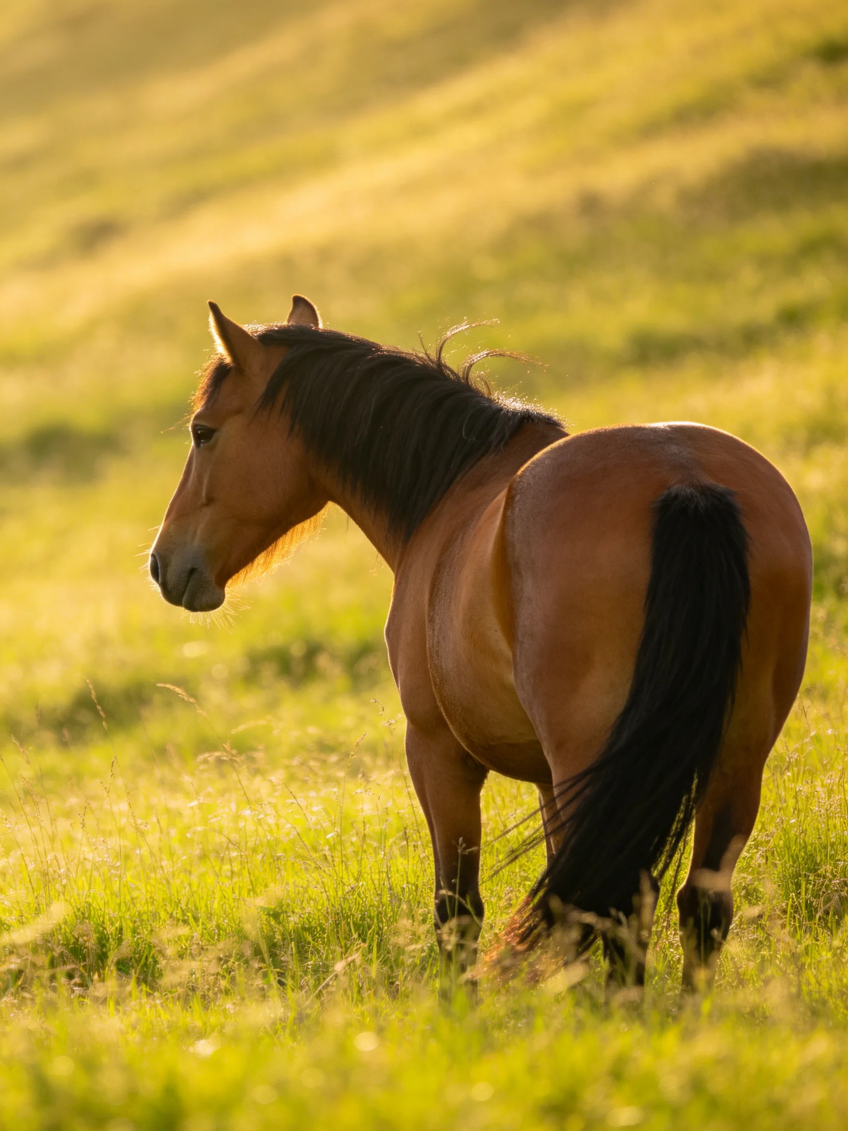 A chestnut horse with a black mane stands in a sunlit green meadow