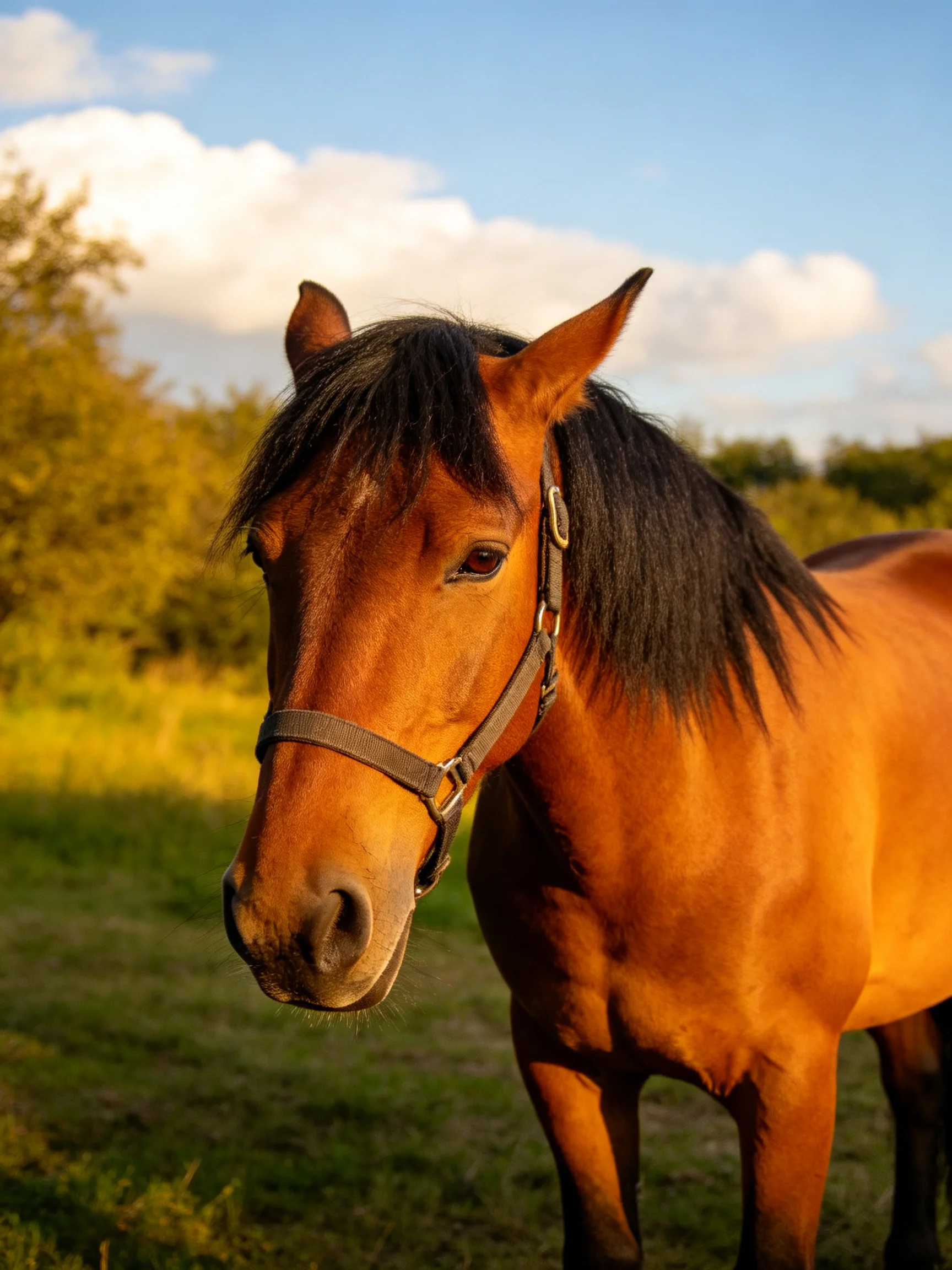 A chestnut horse with a black mane stands in a sunlit meadow