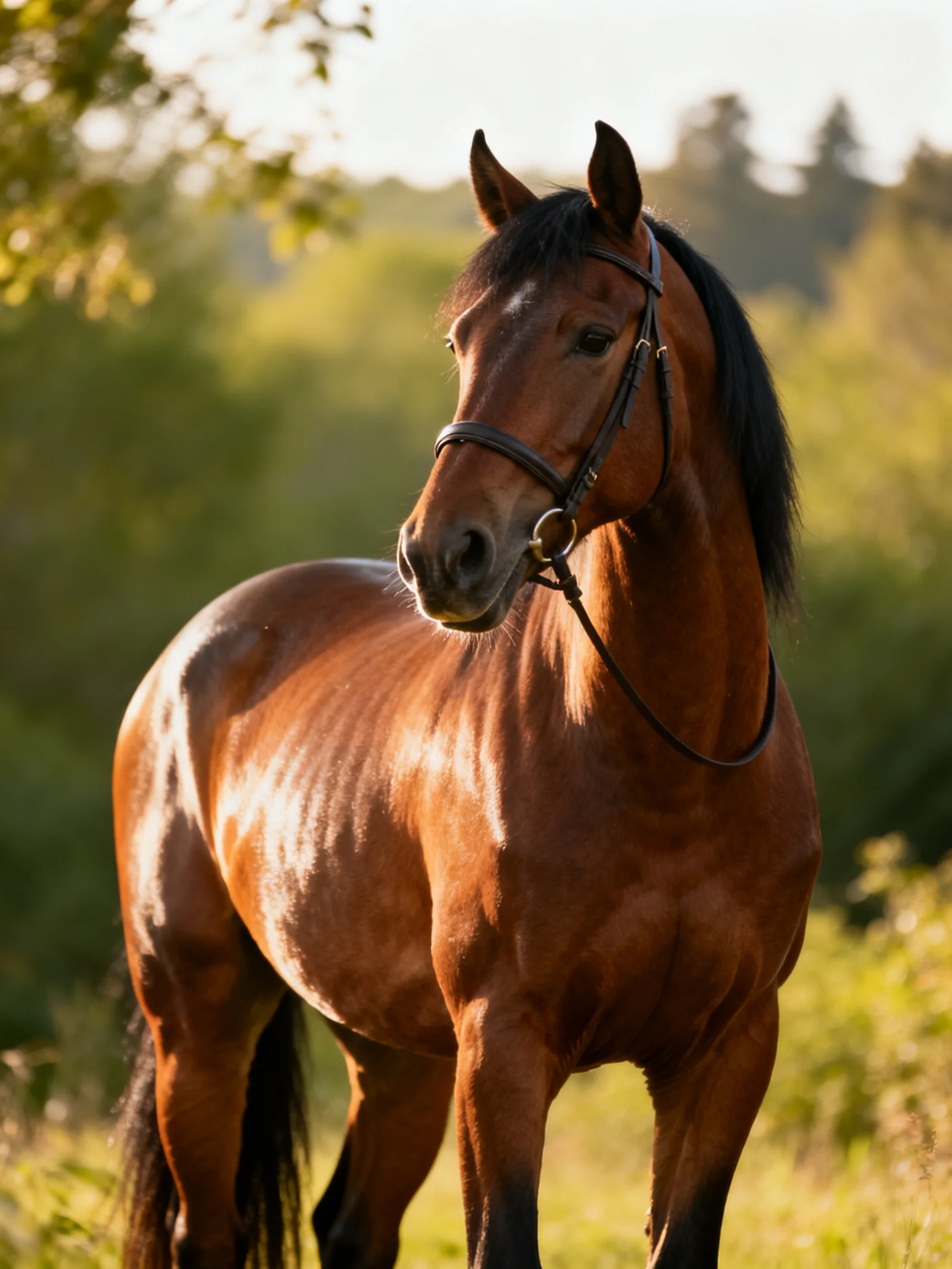 A chestnut horse with a black mane stands in a sunlit meadow