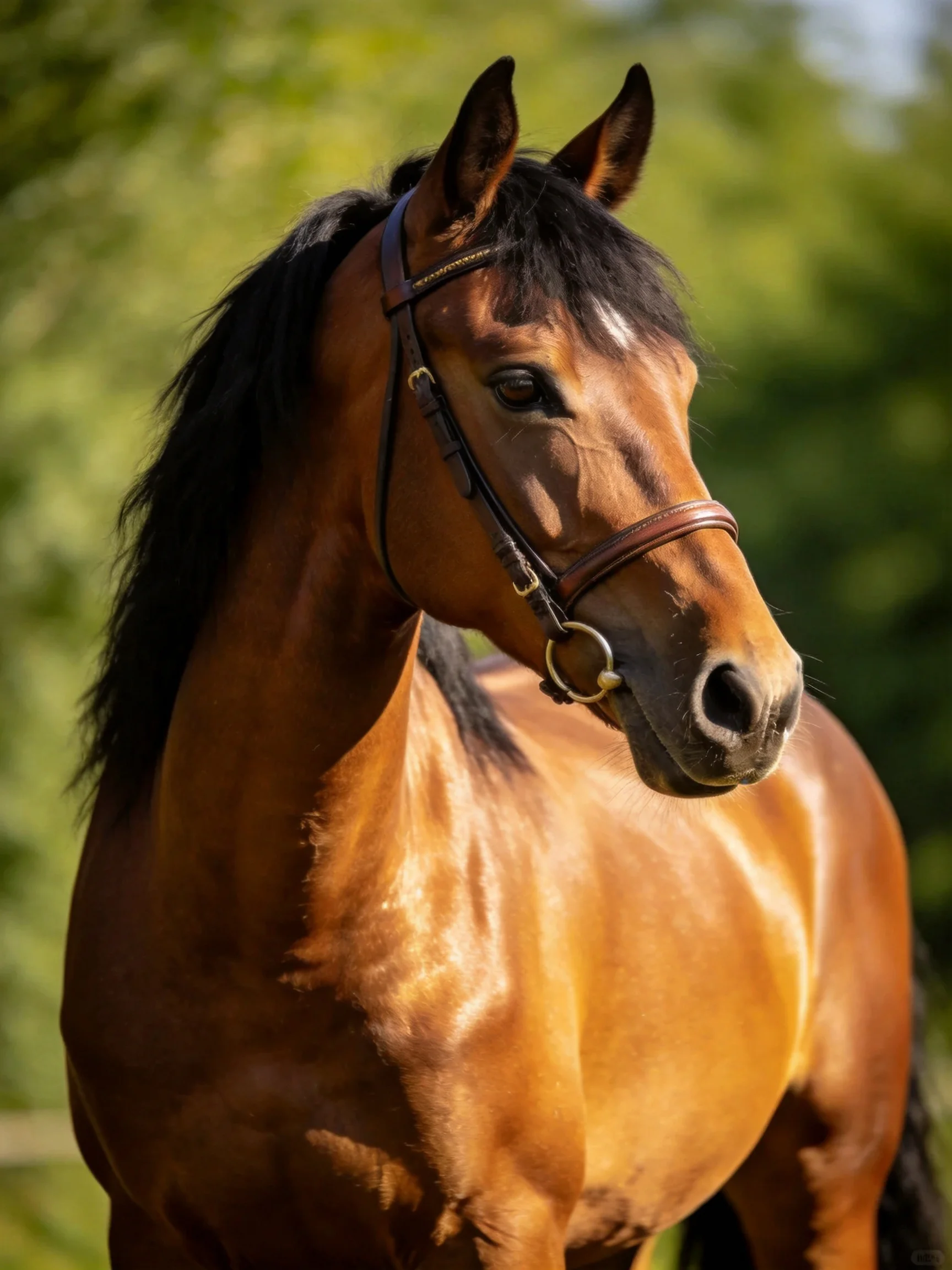 A chestnut horse with a bridle stands outdoors near greenery.