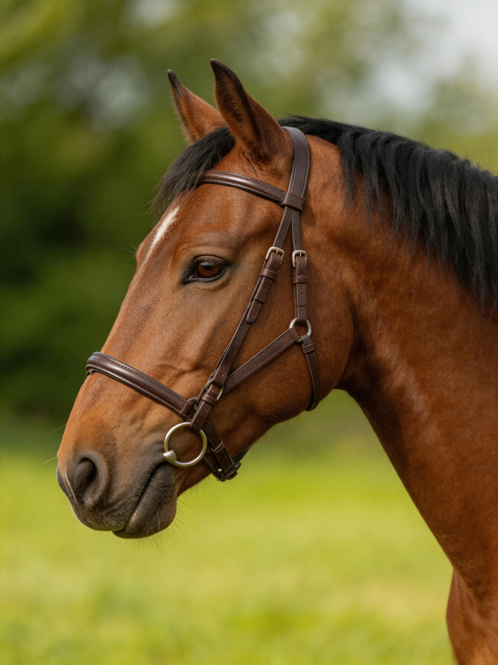 A chestnut horse with a black mane wearing a brown bridle in a lush green field