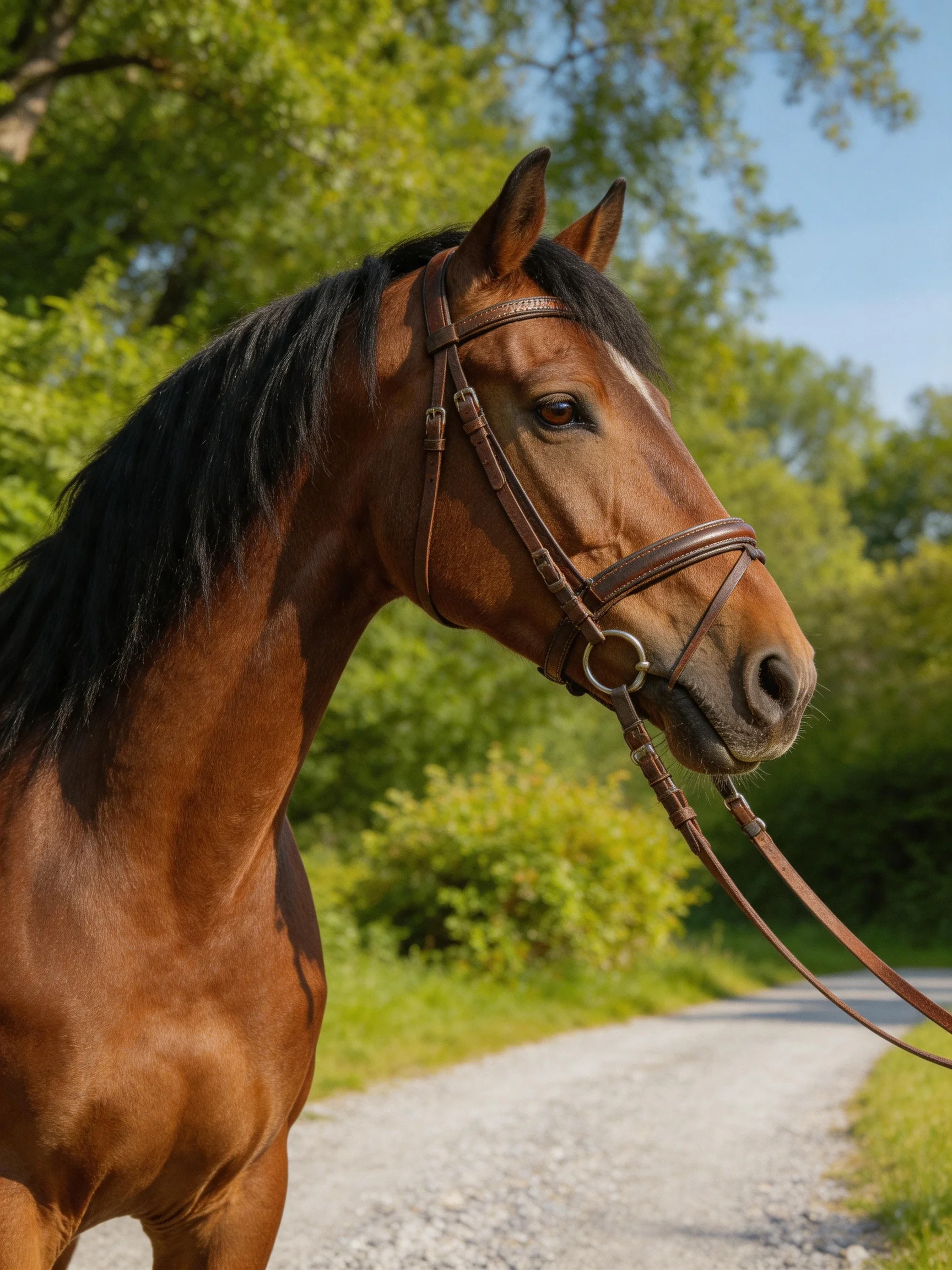 A chestnut horse with a black mane wearing a brown bridle near greenery