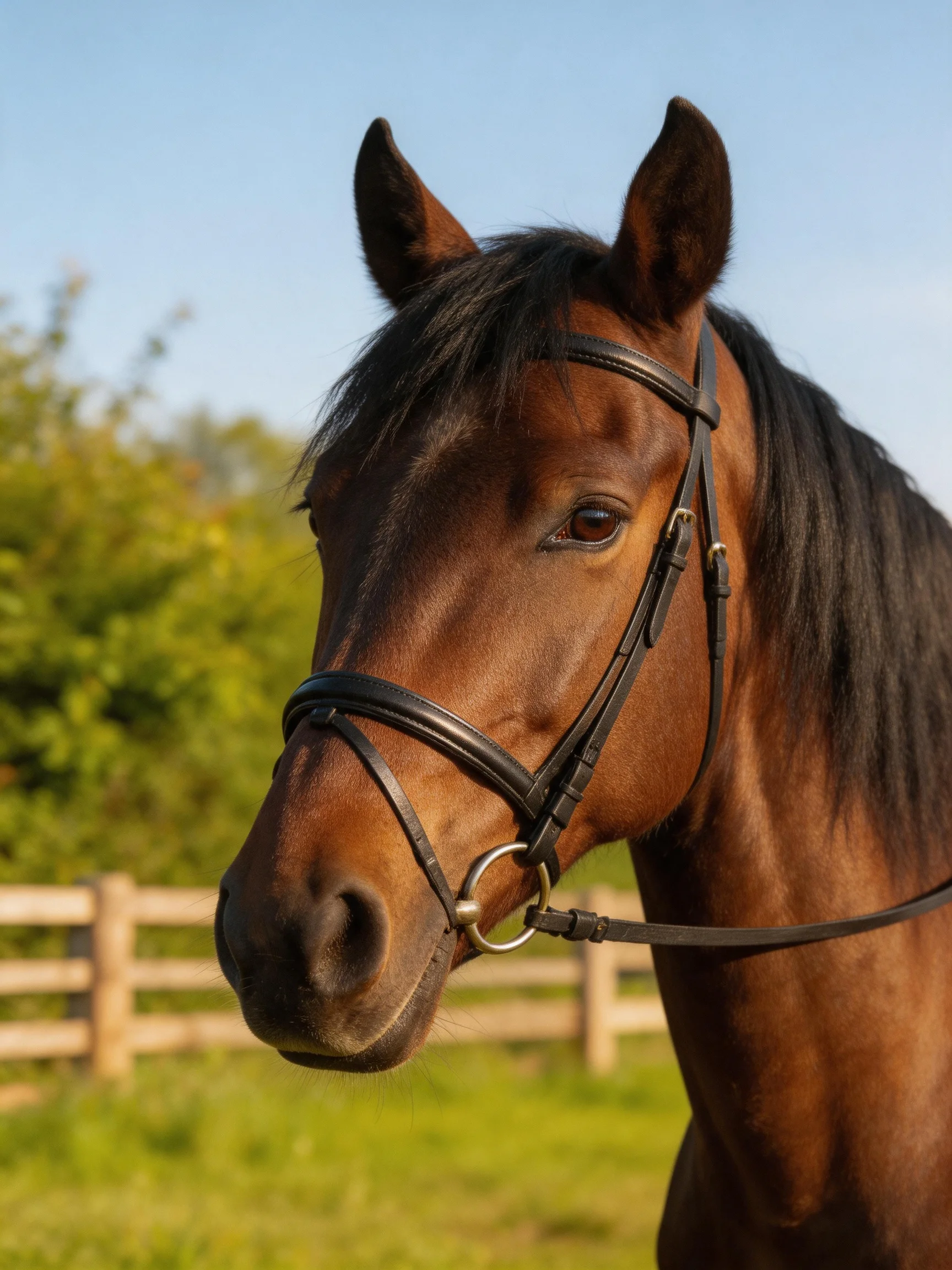 A chestnut horse with a black mane wearing a leather bridle