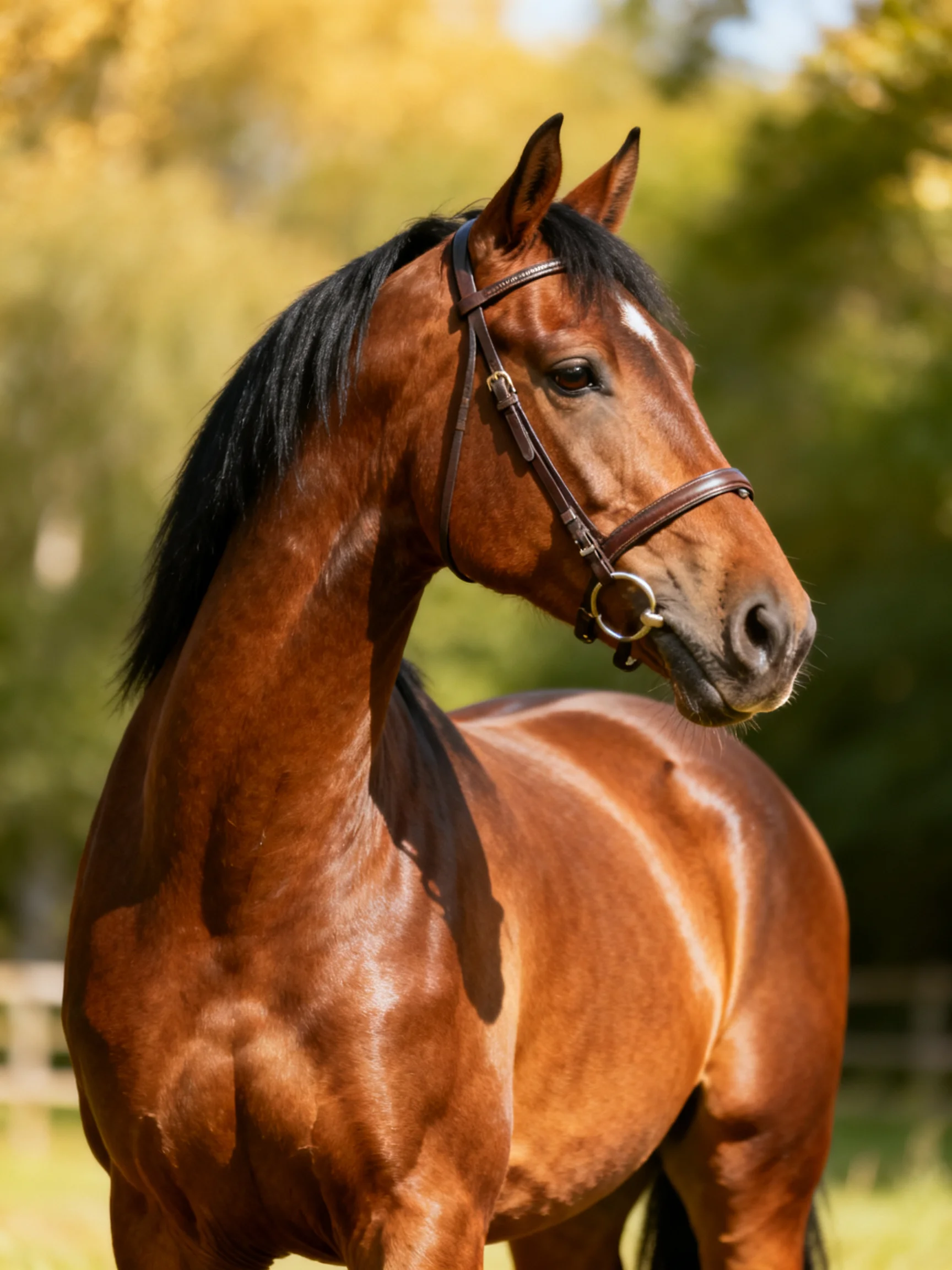 A chestnut horse with a black mane wearing a leather bridle