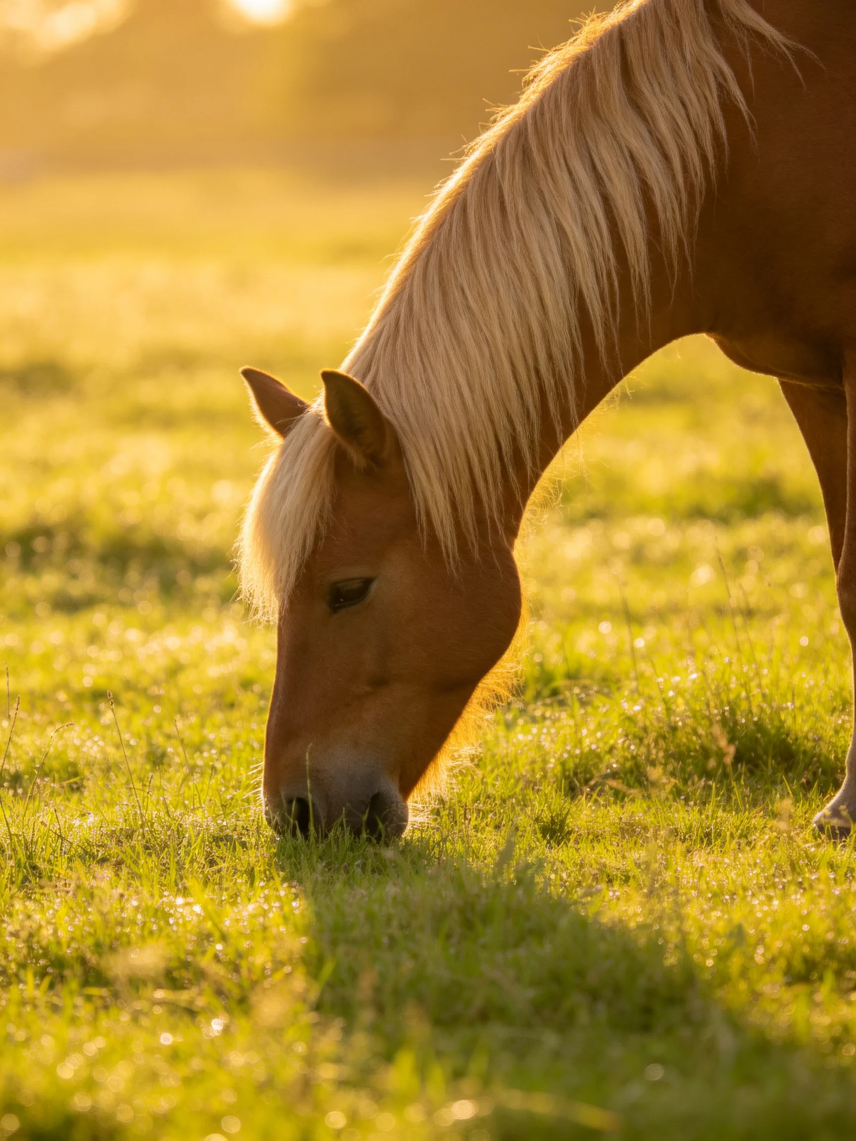 A chestnut horse with a blonde mane grazes in a sunlit meadow