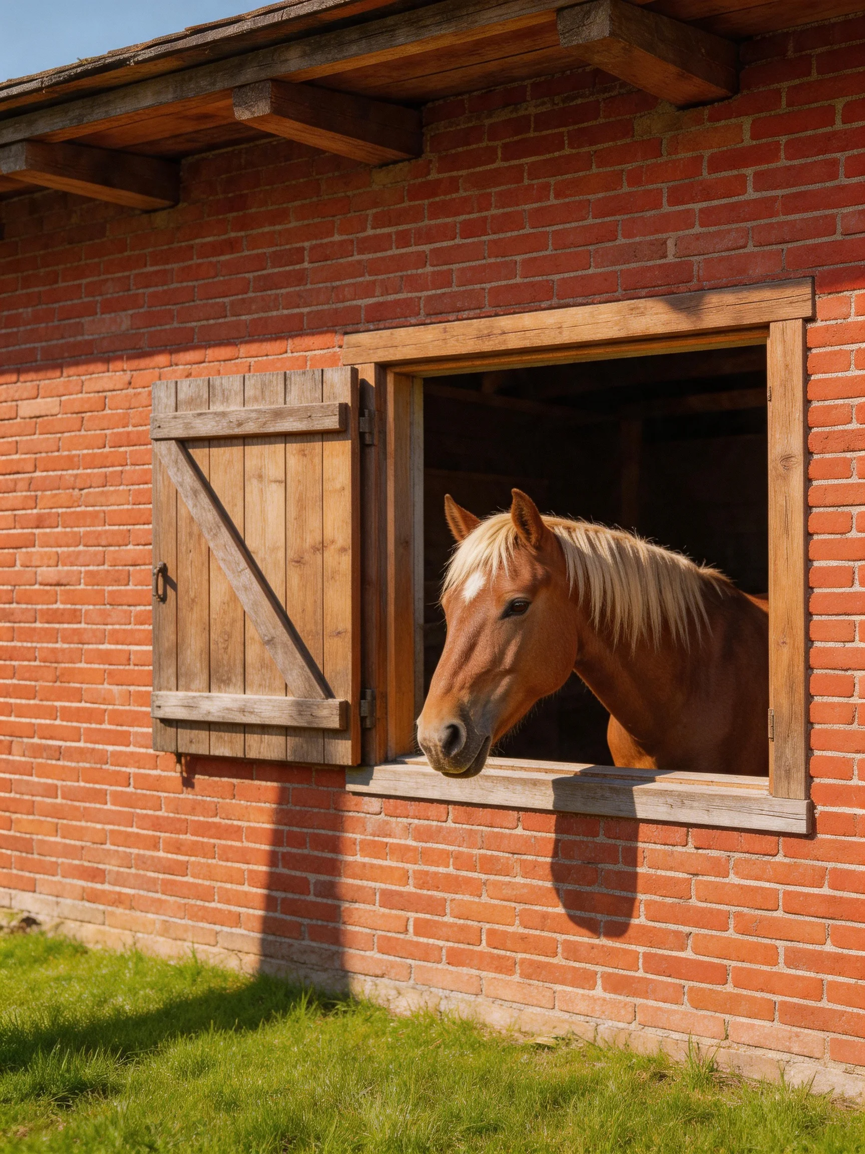 A chestnut horse with a blonde mane peers from a red-brick stable window