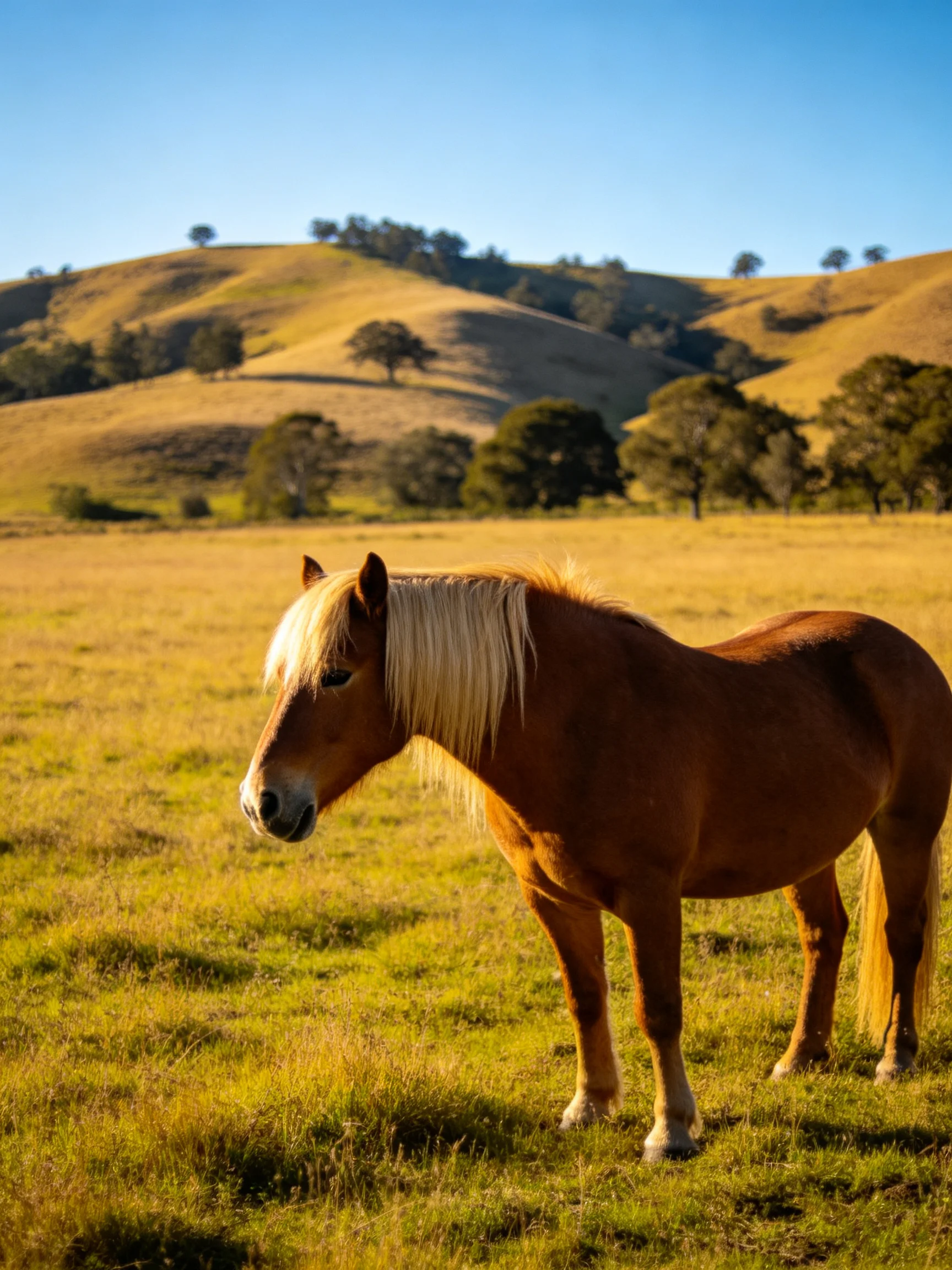 A chestnut horse with a blonde mane stands in a golden meadow near rolling hills