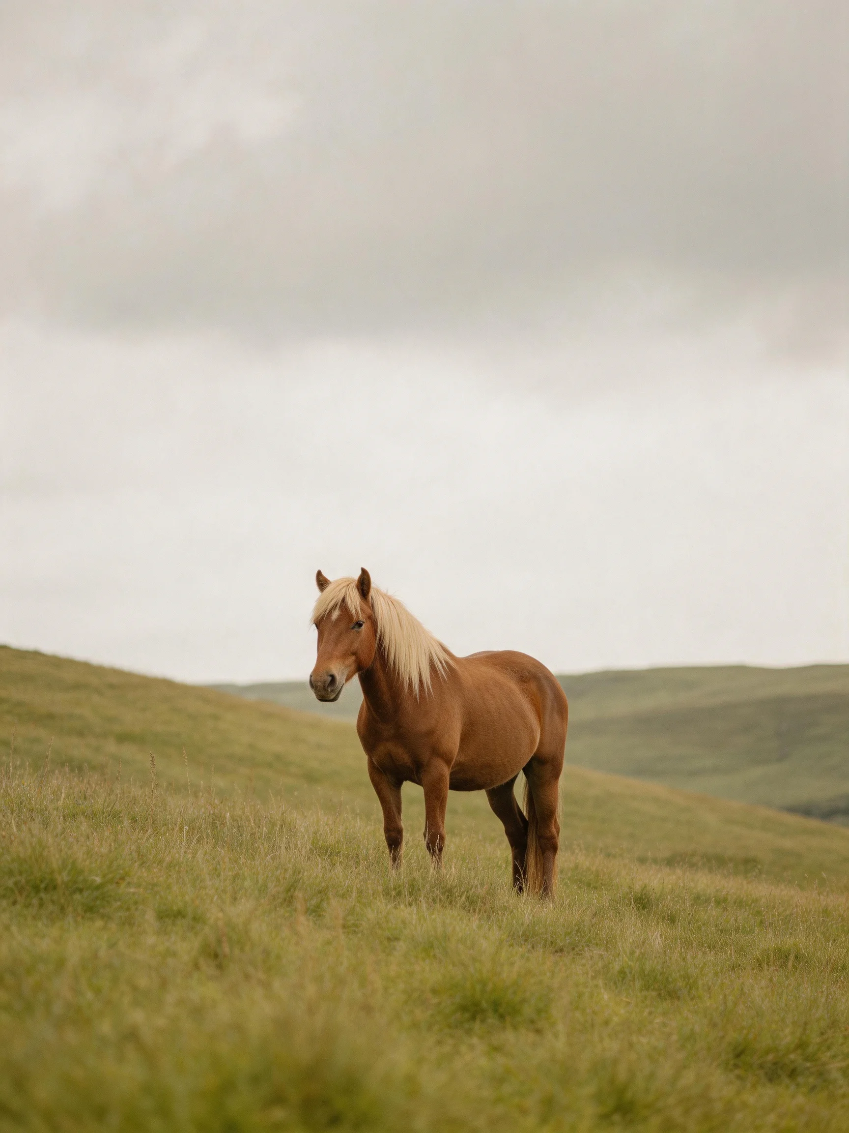 A chestnut horse with a blonde mane stands on rolling green hills