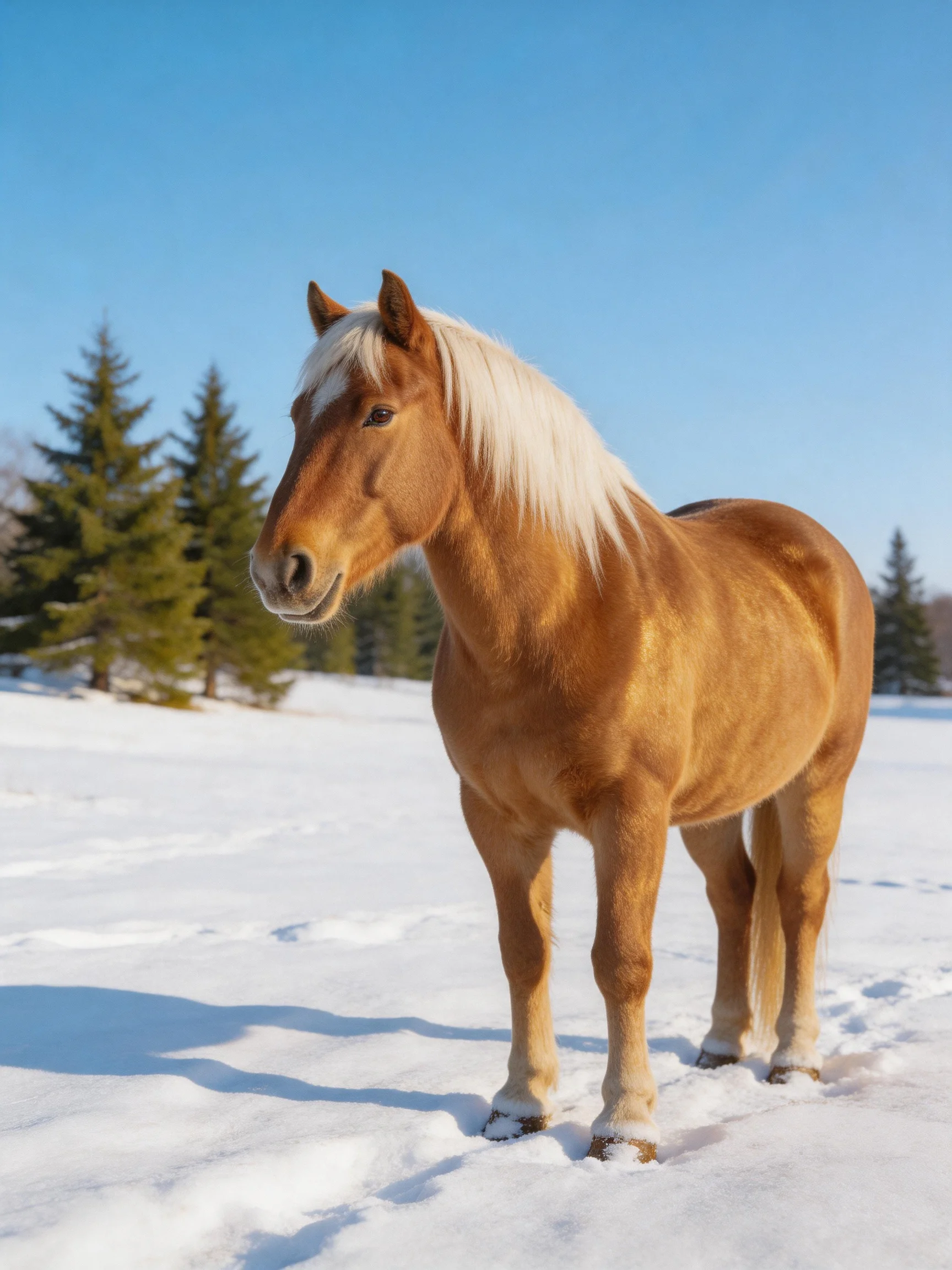 A chestnut horse with a blonde mane stands on snowy terrain near evergreen trees
