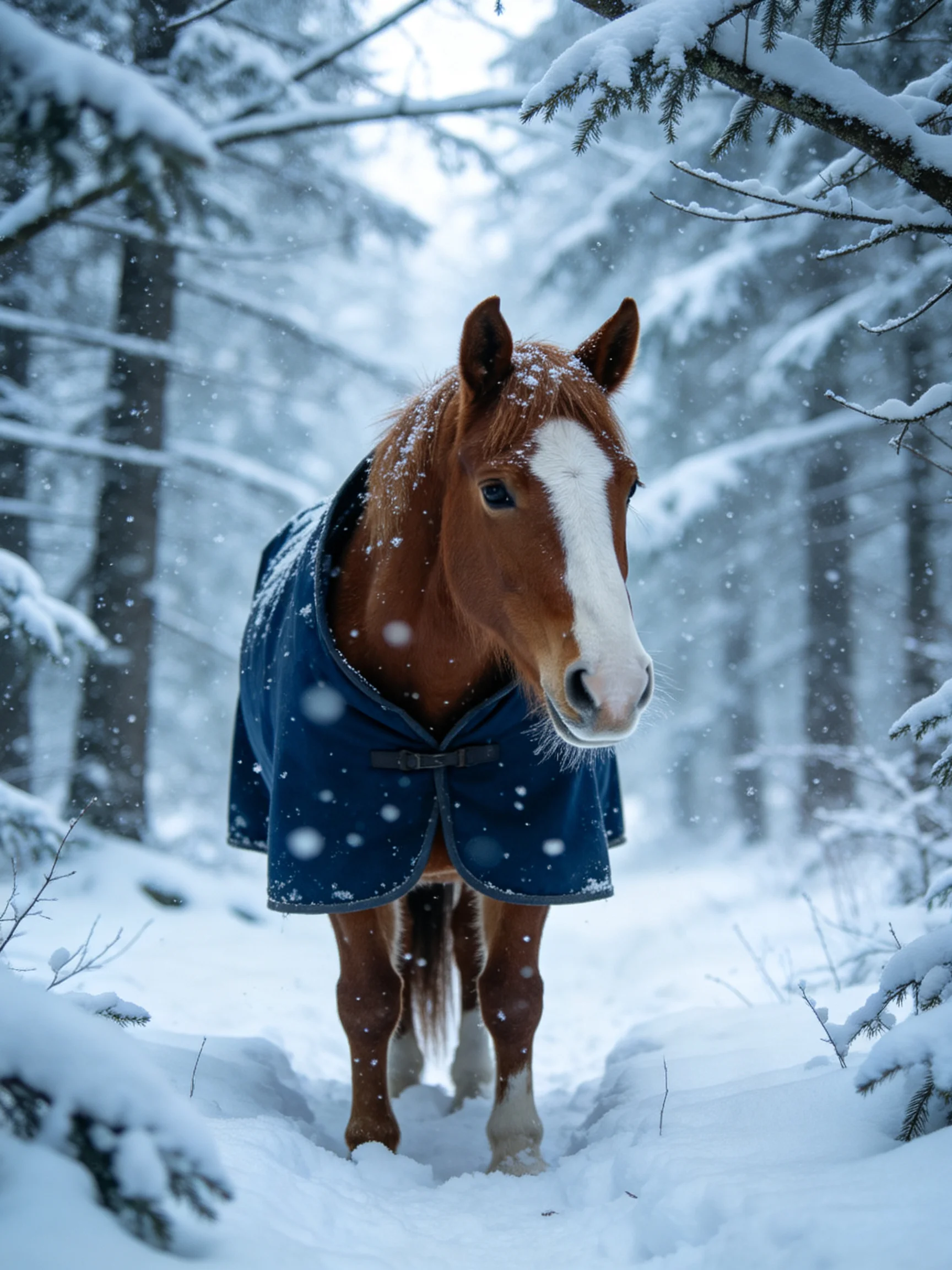 A chestnut horse with a blue blanket in a snow-covered forest