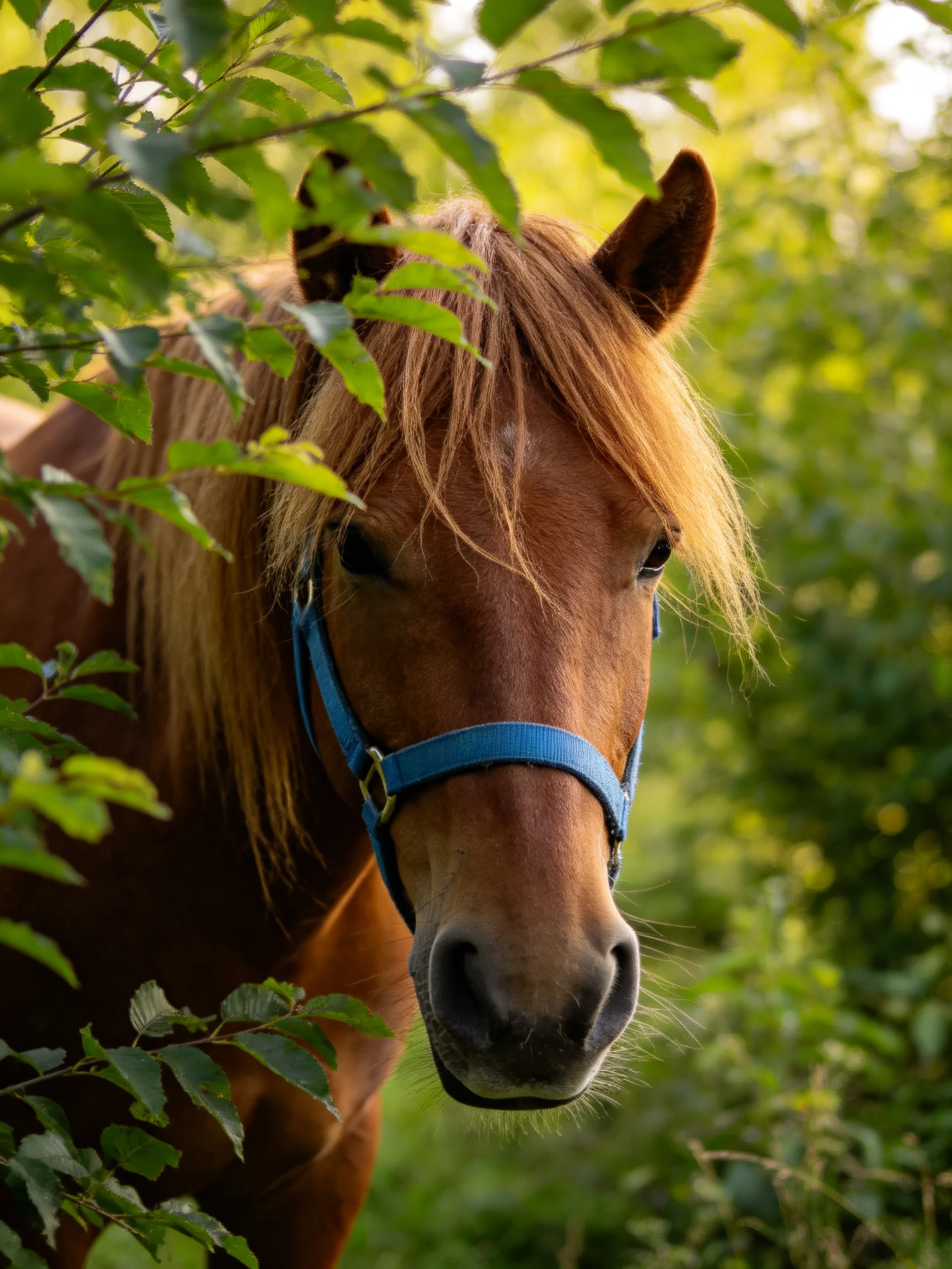 A chestnut horse wearing a blue halter is surrounded by leafy plants.