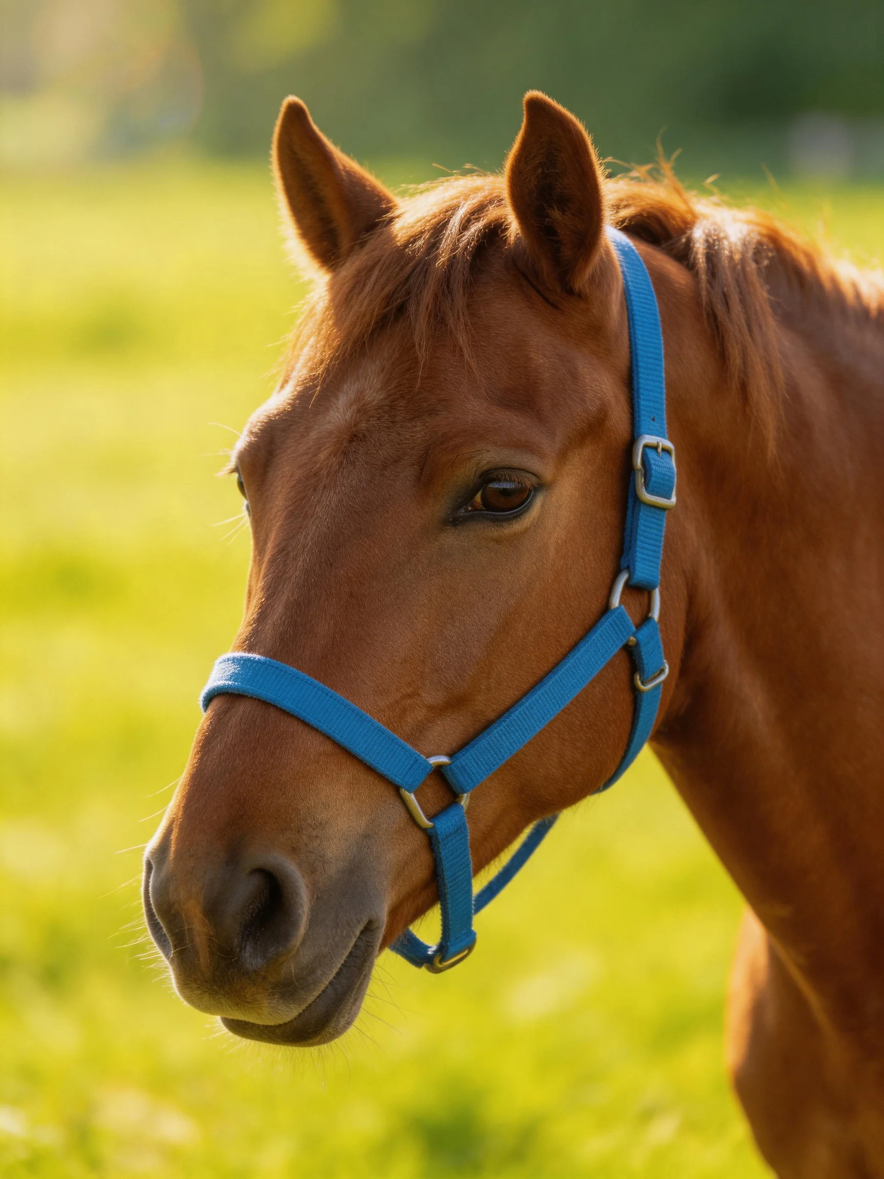A chestnut horse with a blue halter stands in a sunlit meadow
