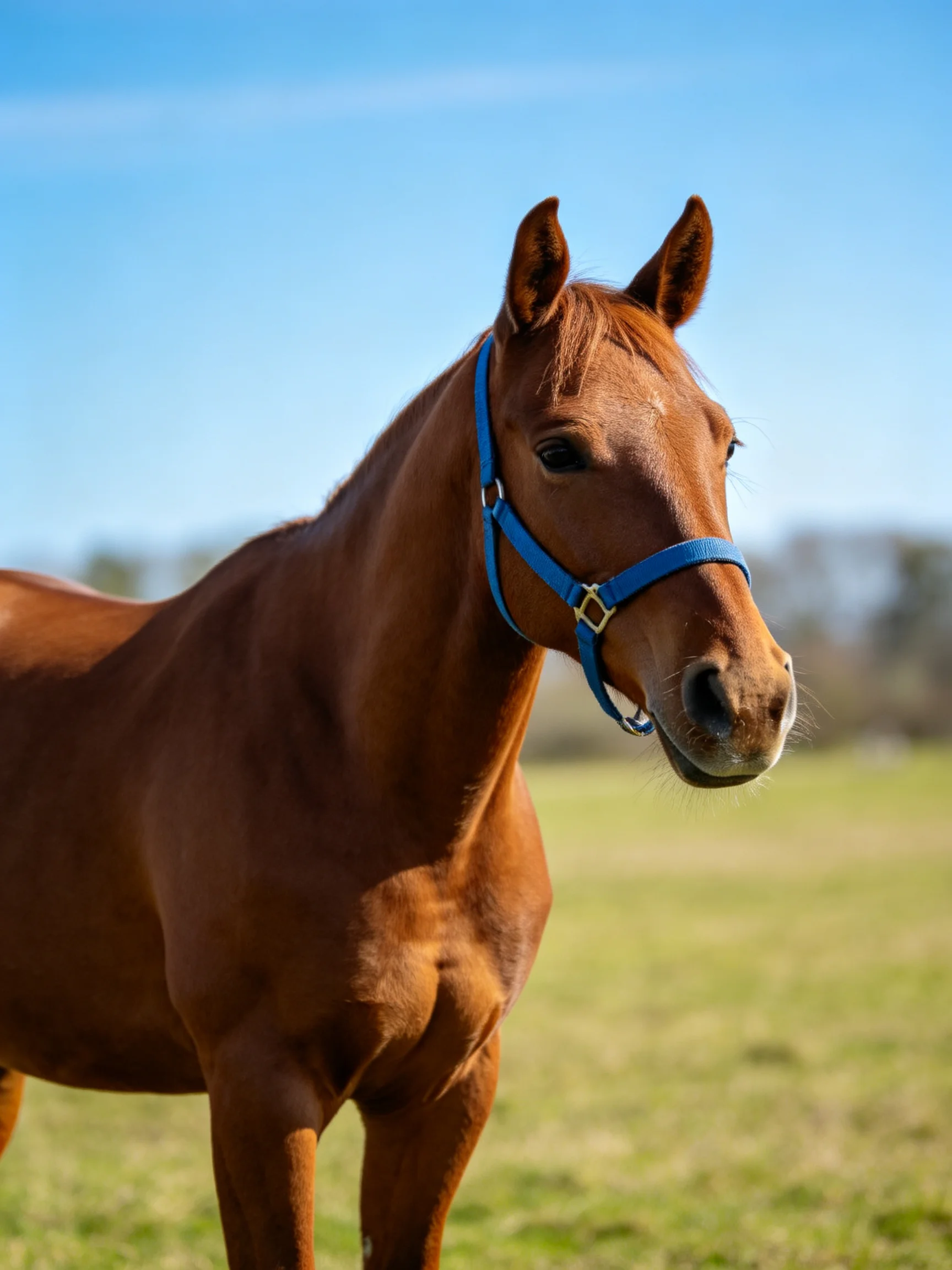 A chestnut horse stands calmly in a sunny field with a blue halter.