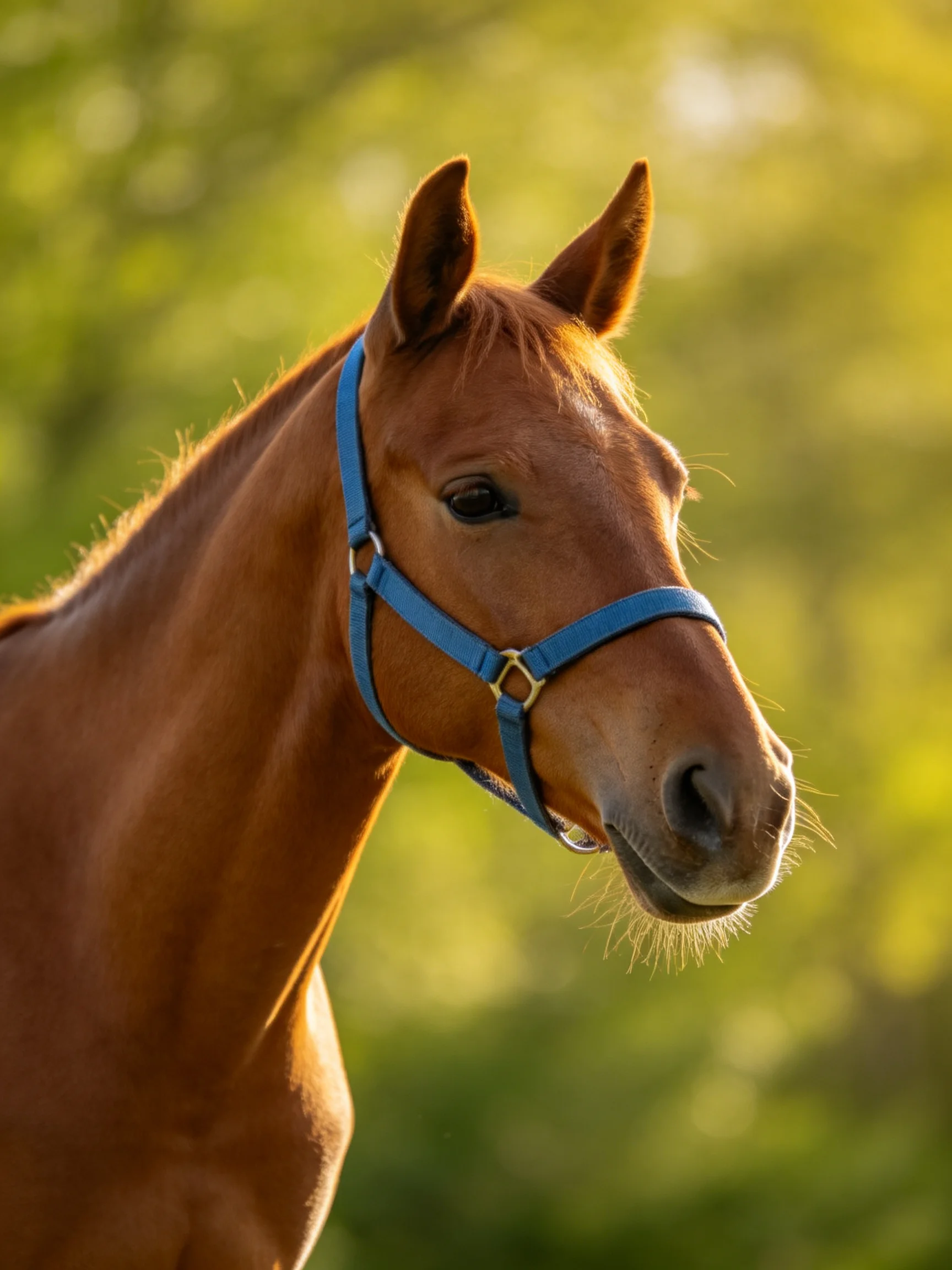A chestnut horse wearing a blue halter is photographed outdoors.