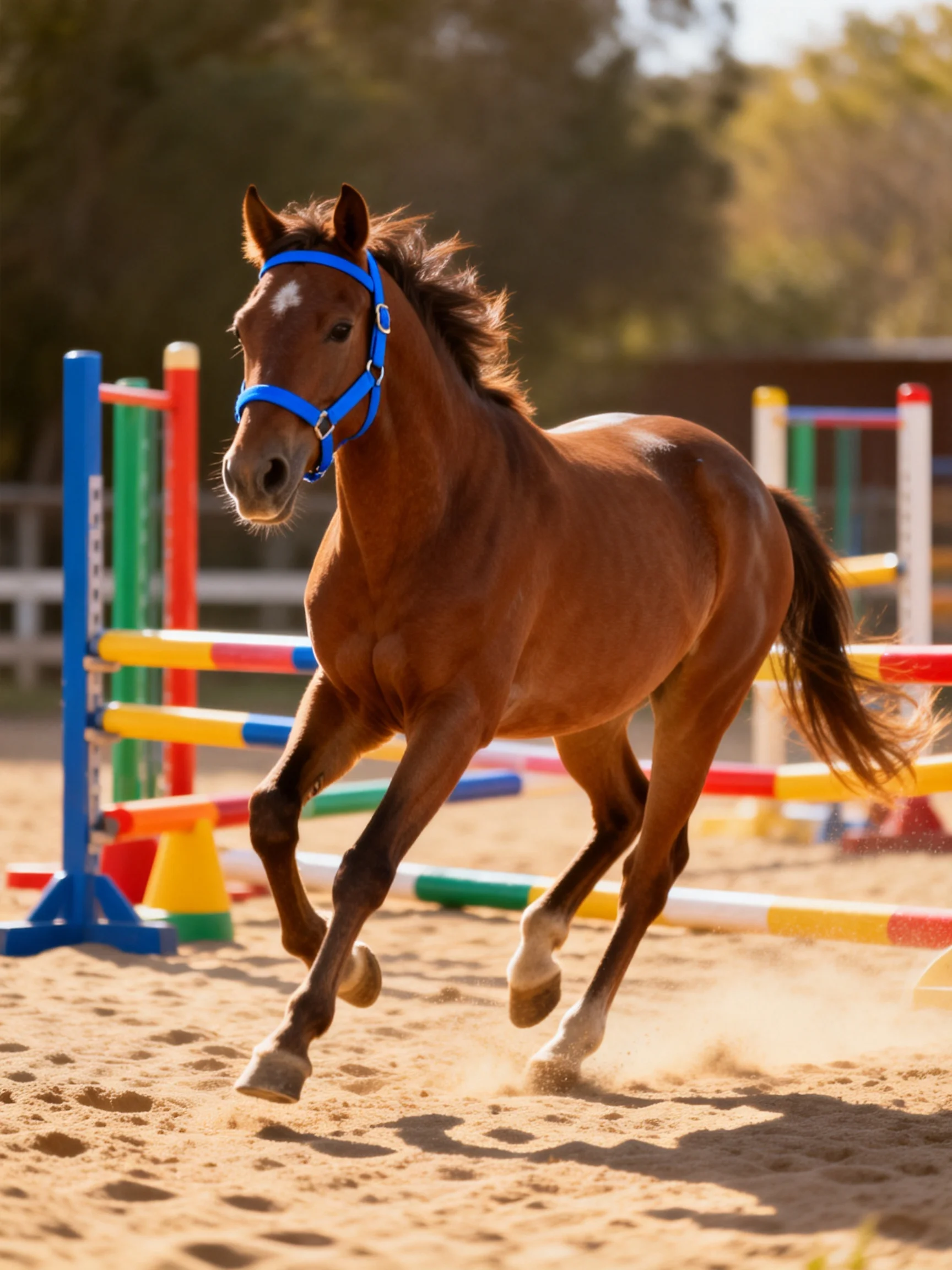 A chestnut horse with a blue halter jumps over colorful obstacle rails