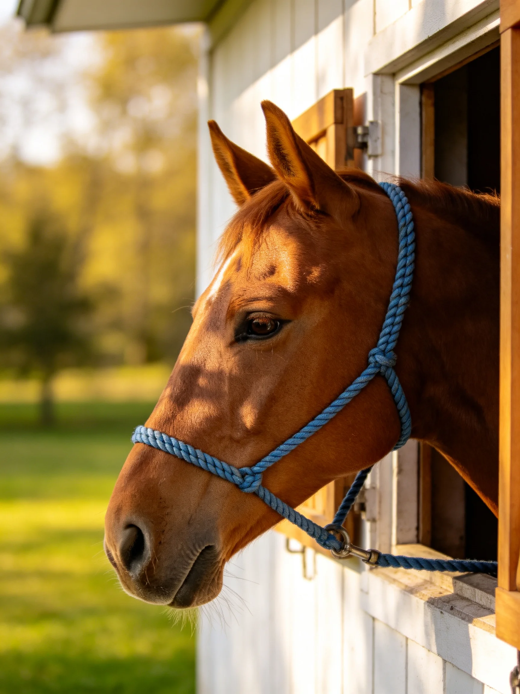 A chestnut horse with a blue halter looks out from a stable window.