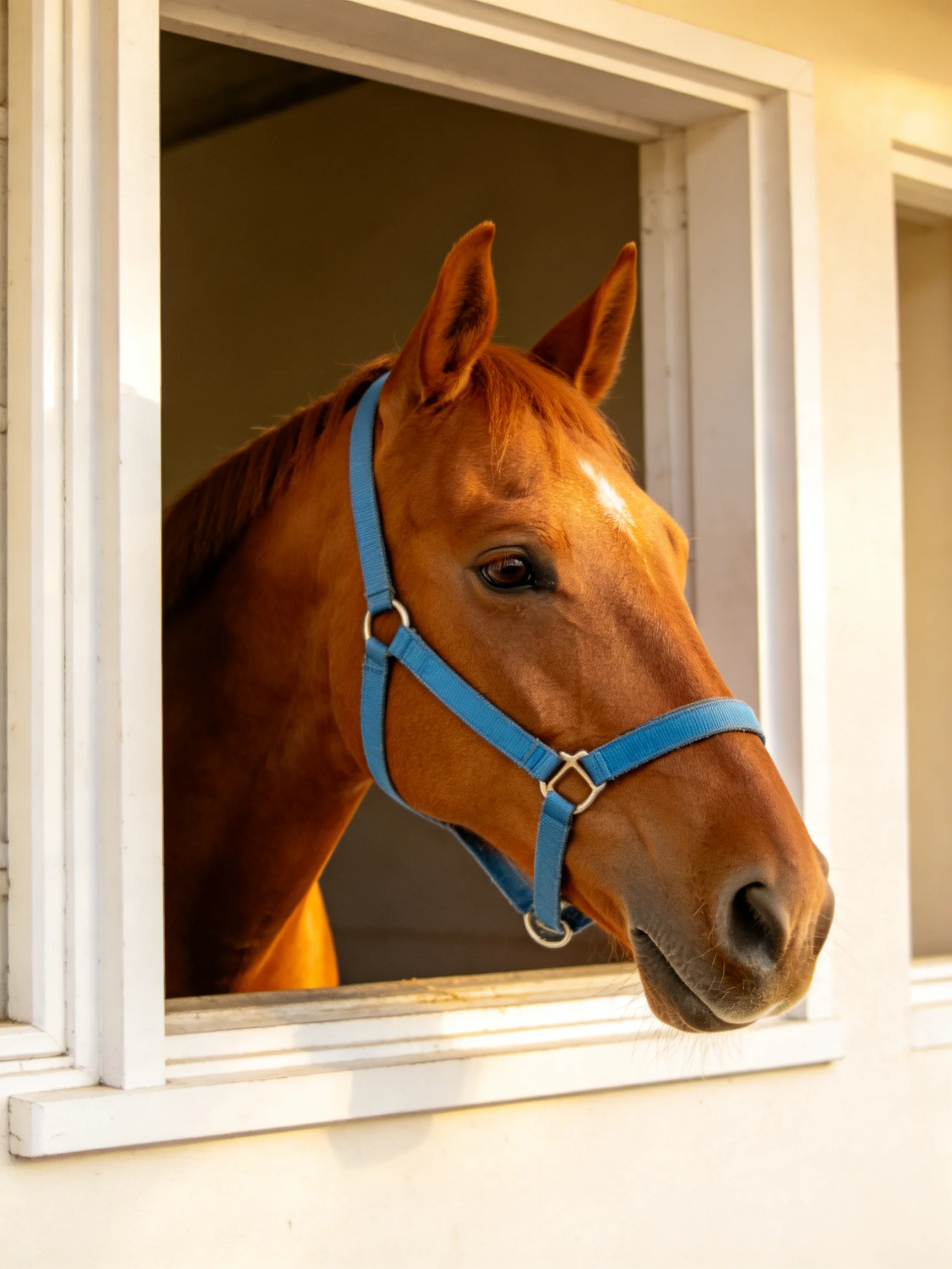 A chestnut horse with a blue halter looks out from a white stable window.