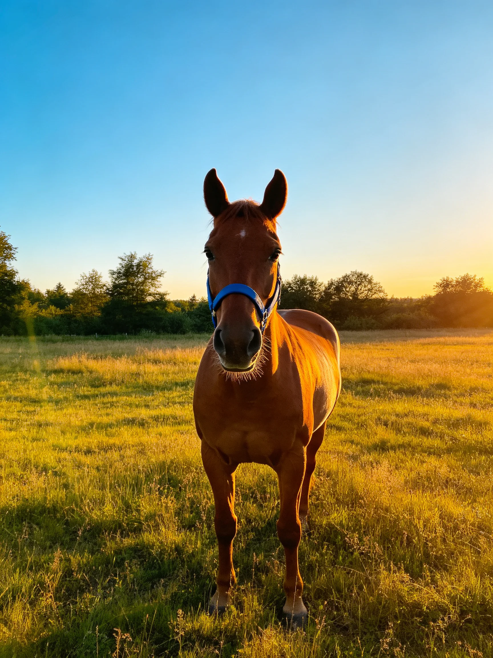 A chestnut horse with a blue halter stands in a golden field at sunset