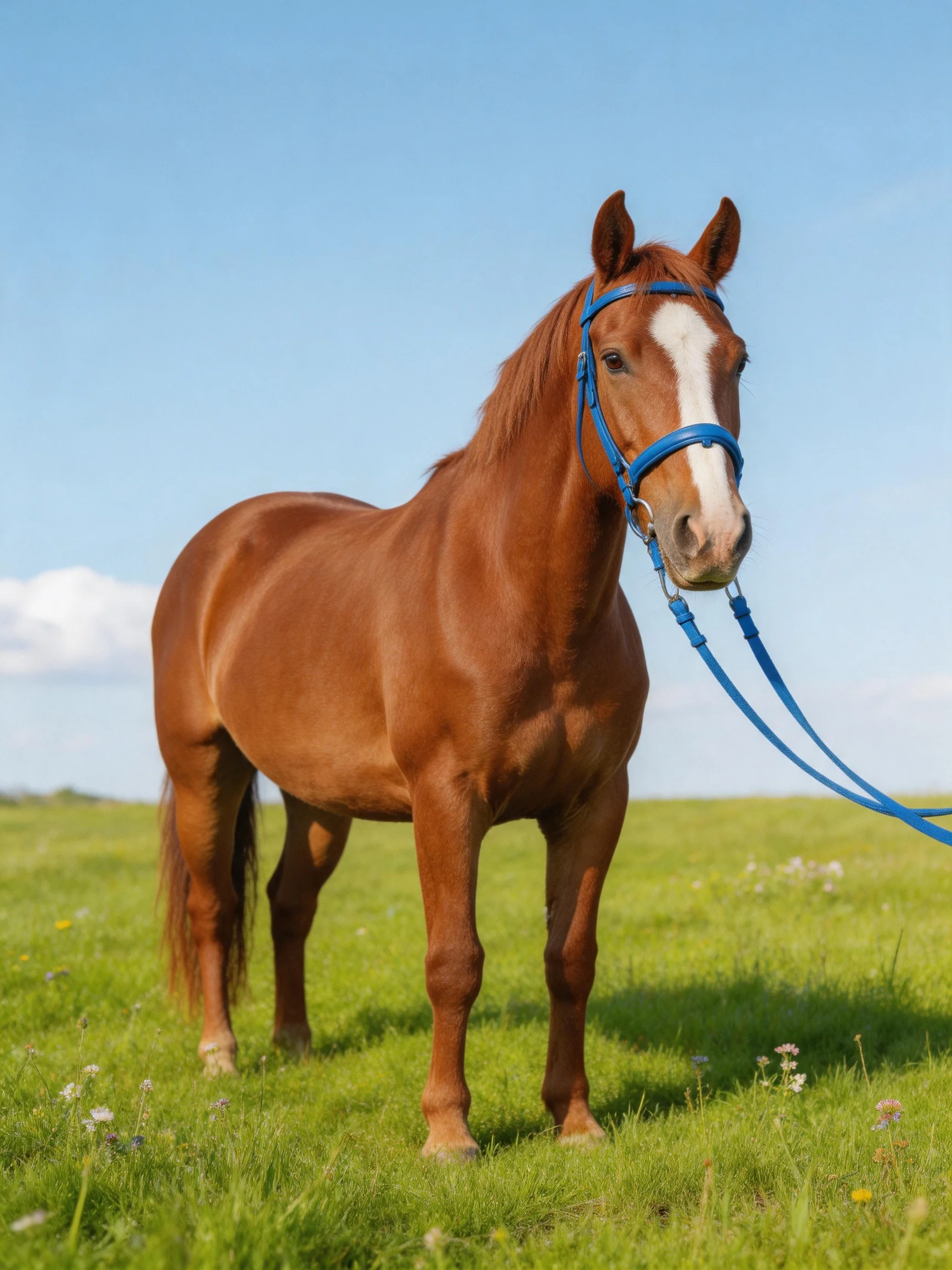 A chestnut horse with a blue halter stands in a green meadow