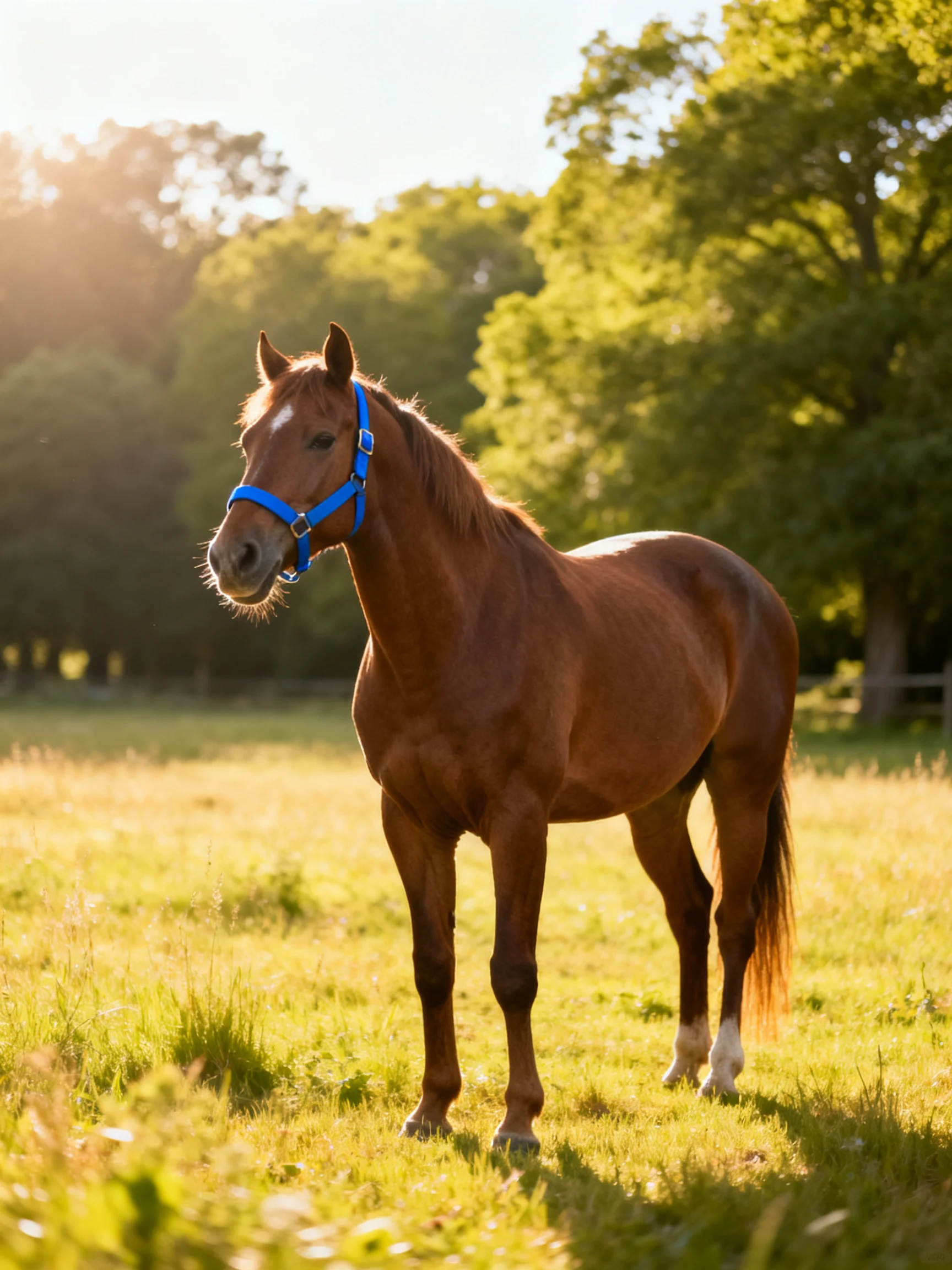 A chestnut horse with a blue halter stands in a sunlit meadow