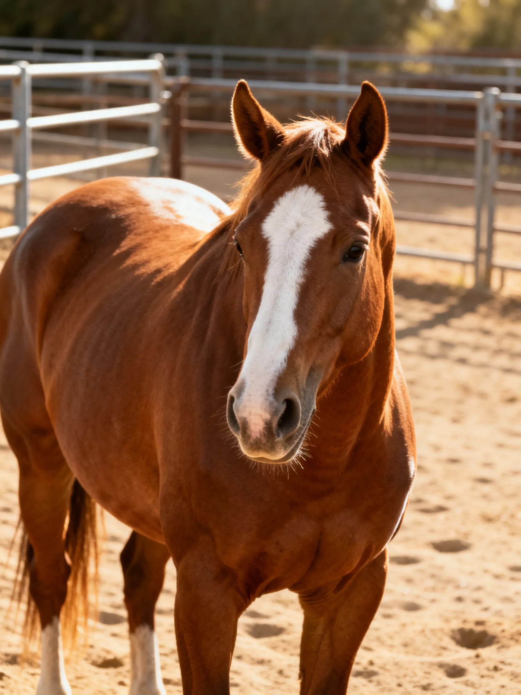 A chestnut horse with a bold white blaze in a fenced pen